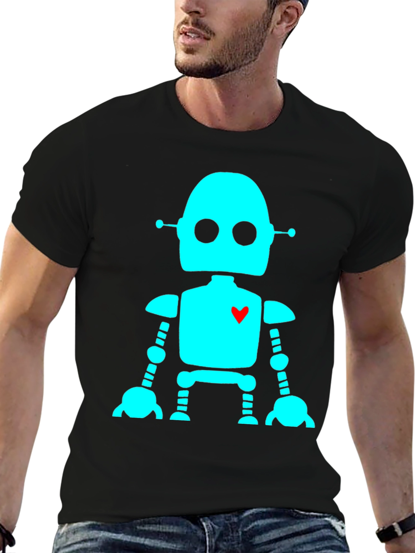 Robot with Heart T-Shirt - Black Short Sleeve