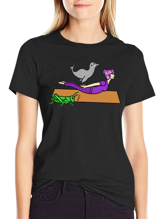 Yoga Seal Grasshopper Woman Black T-Shirt