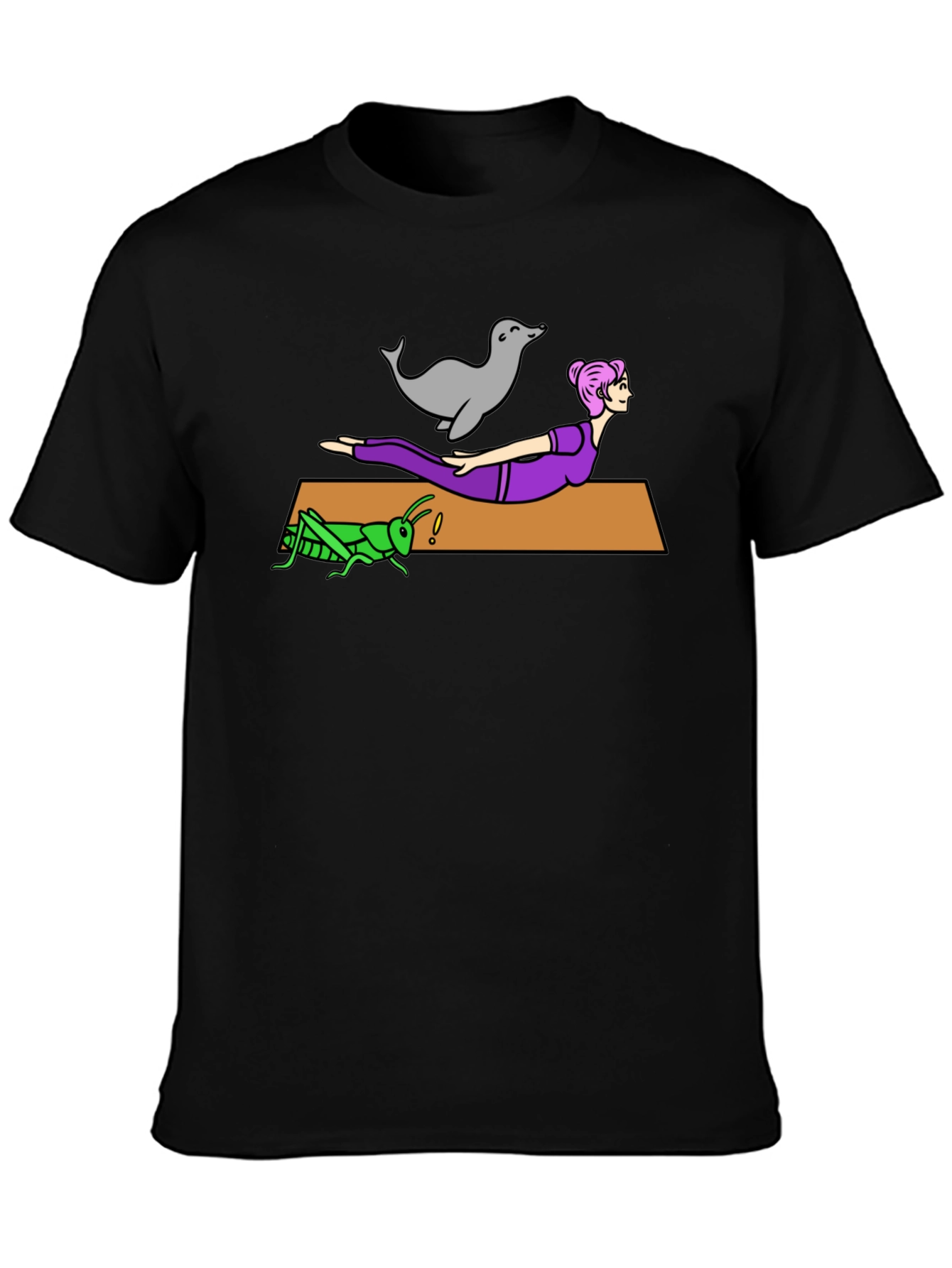 Yoga Seal Grasshopper Woman Black T-Shirt
