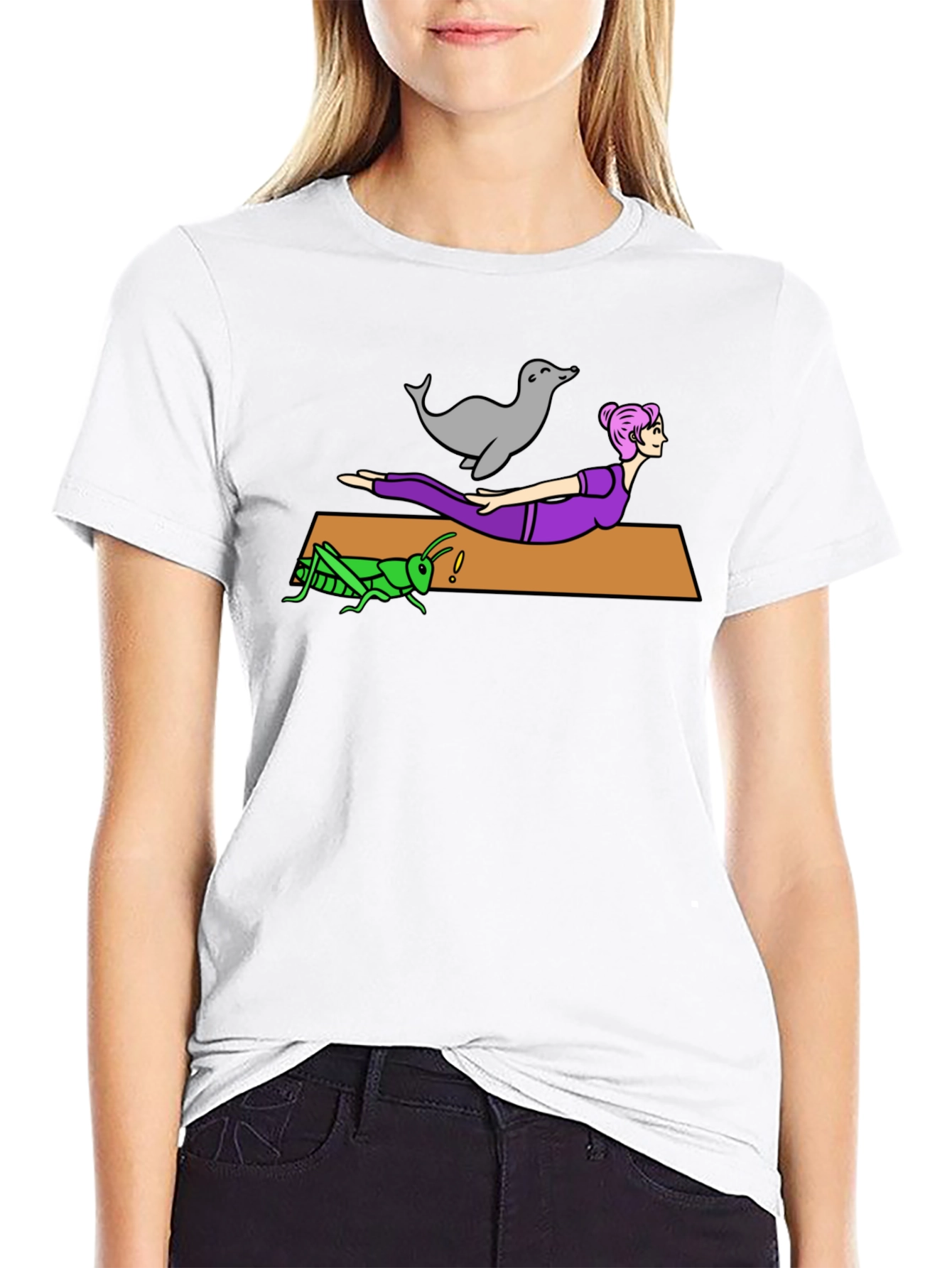Yoga Seal Grasshopper Woman Black T-Shirt
