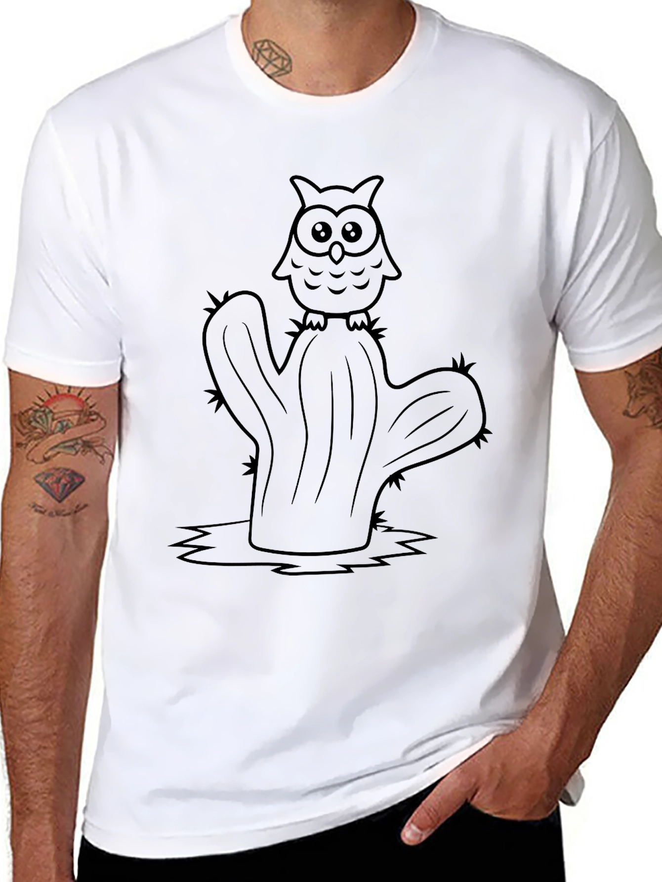Owl on Cactus Graphic Tee - Unique Design