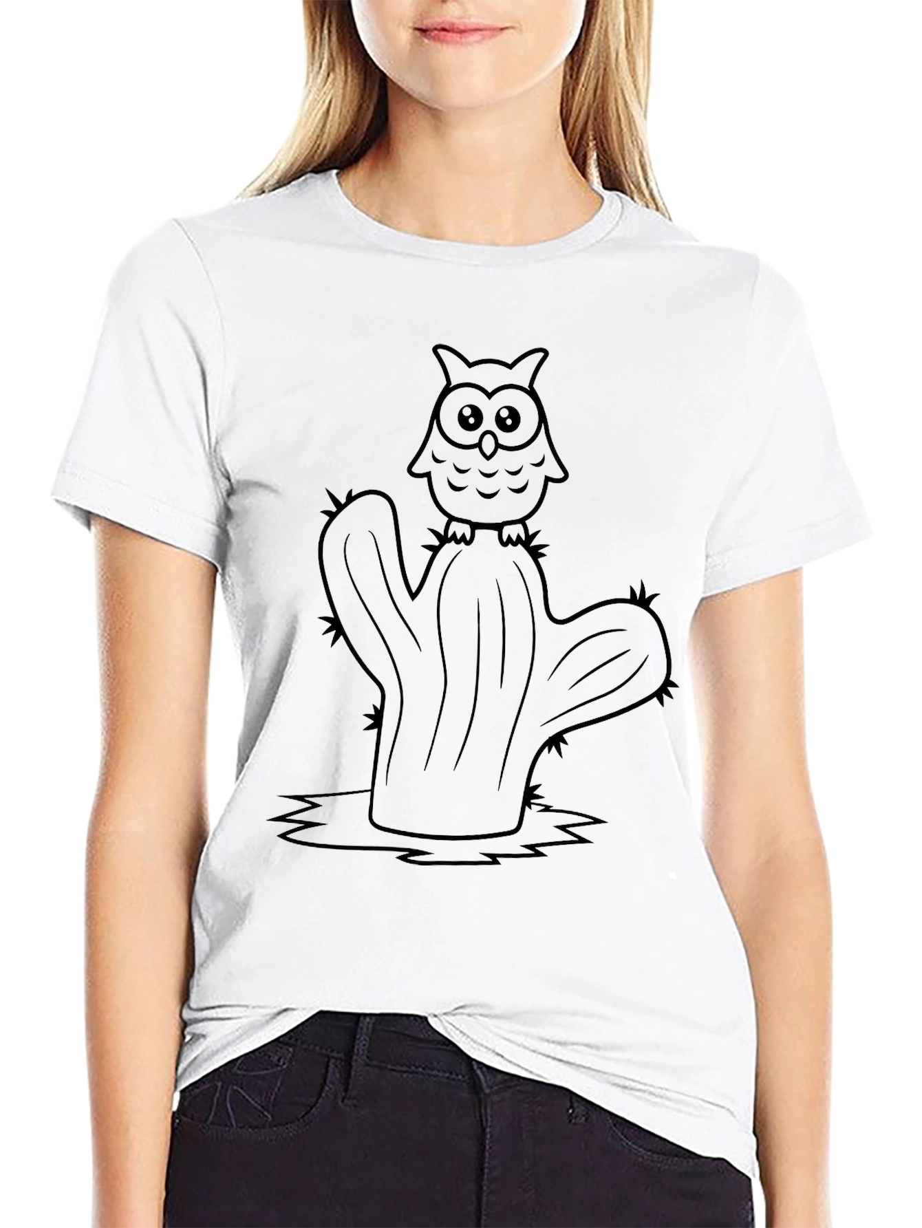 Owl on Cactus Graphic Tee - Unique Design