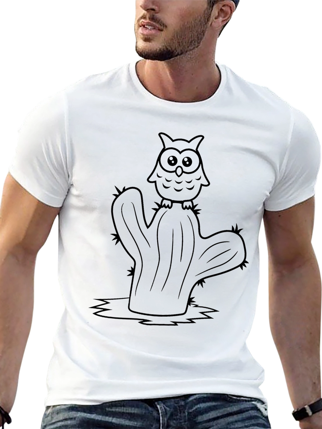 Owl on Cactus Graphic Tee - Unique Design