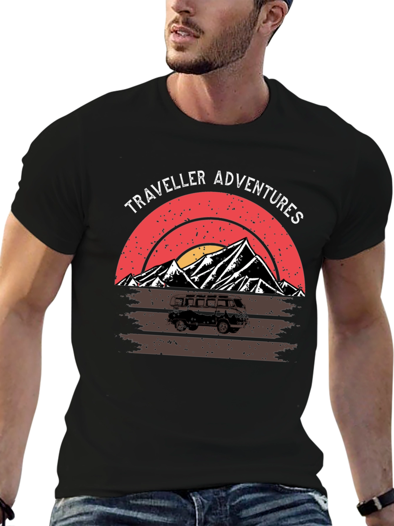 Traveller Adventures T-Shirt - Retro Mountain Van Graphic