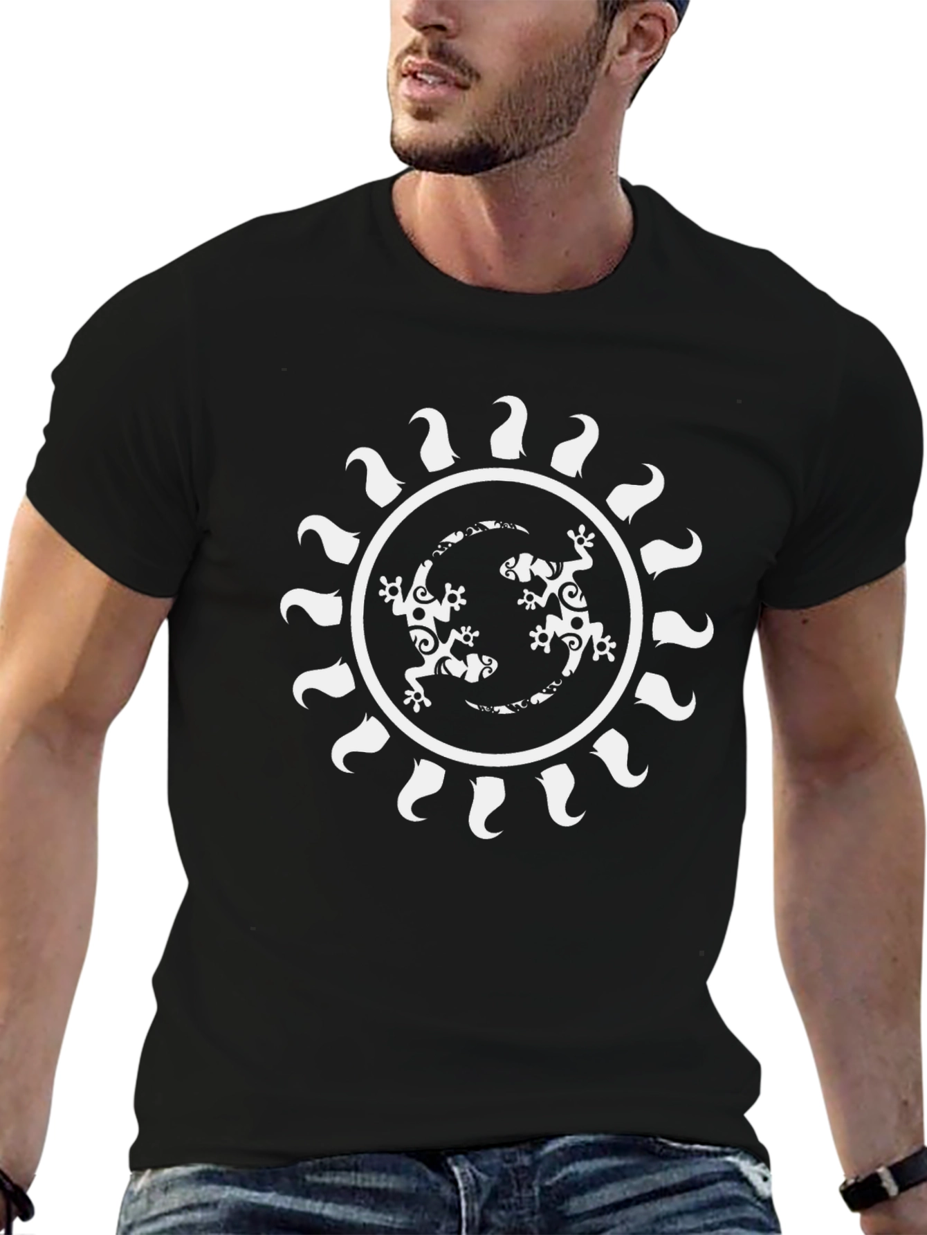 Tribal Lizard Sun Graphic Tee - Mens Black T-Shirt