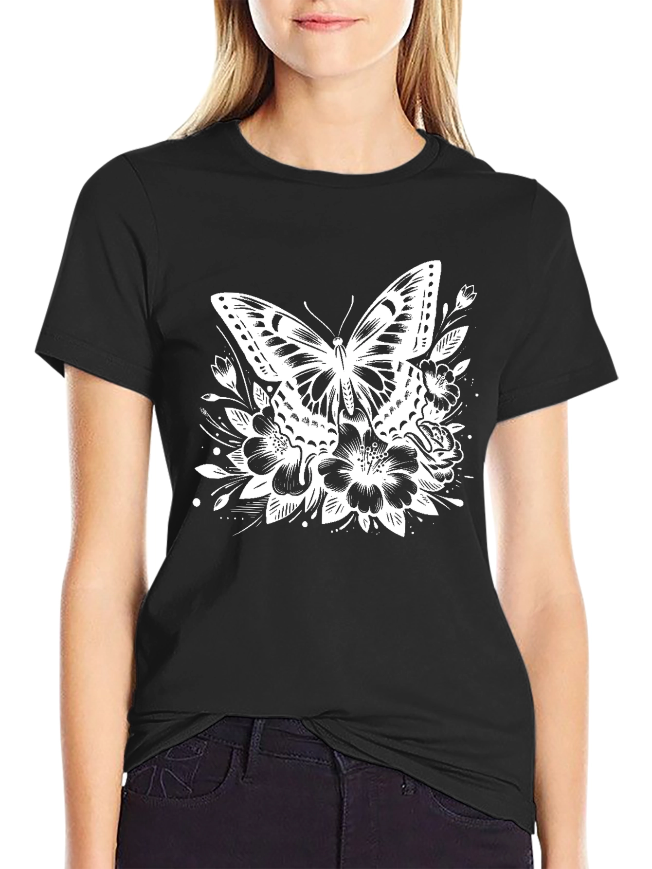 Butterfly Floral Graphic Tee - Black