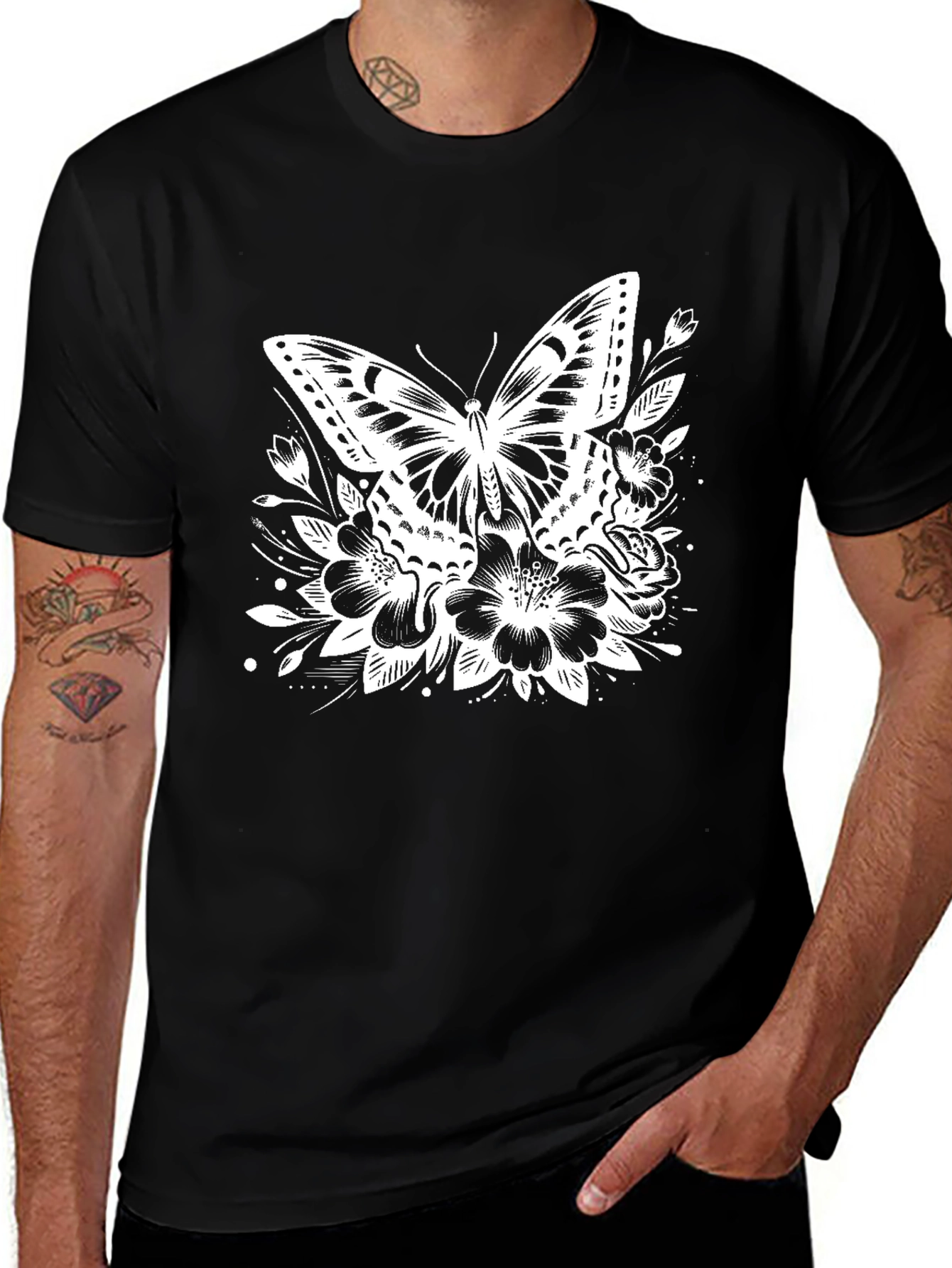 Butterfly Floral Graphic Tee - Black