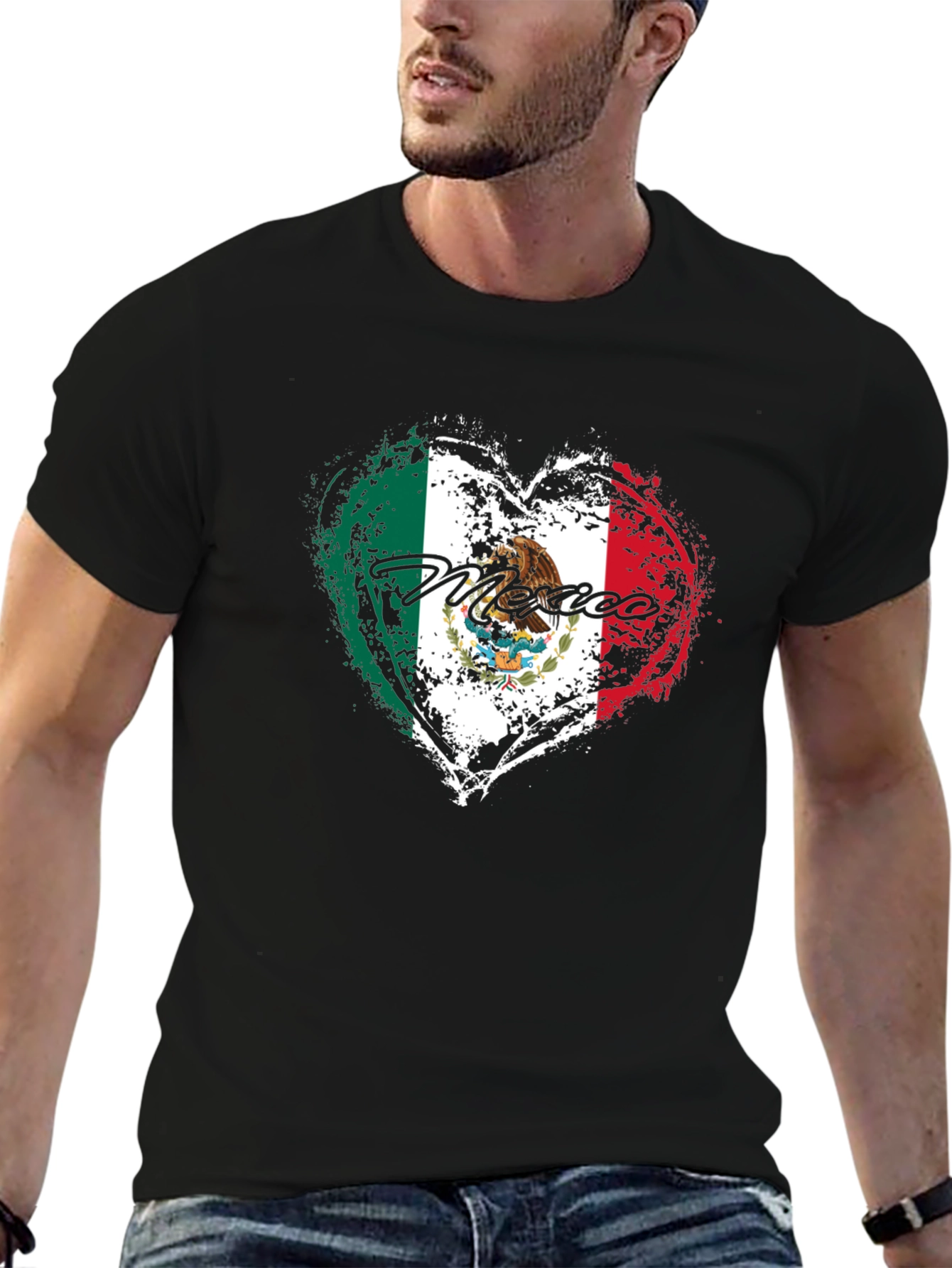 Mexico Flag Heart Black T-Shirt