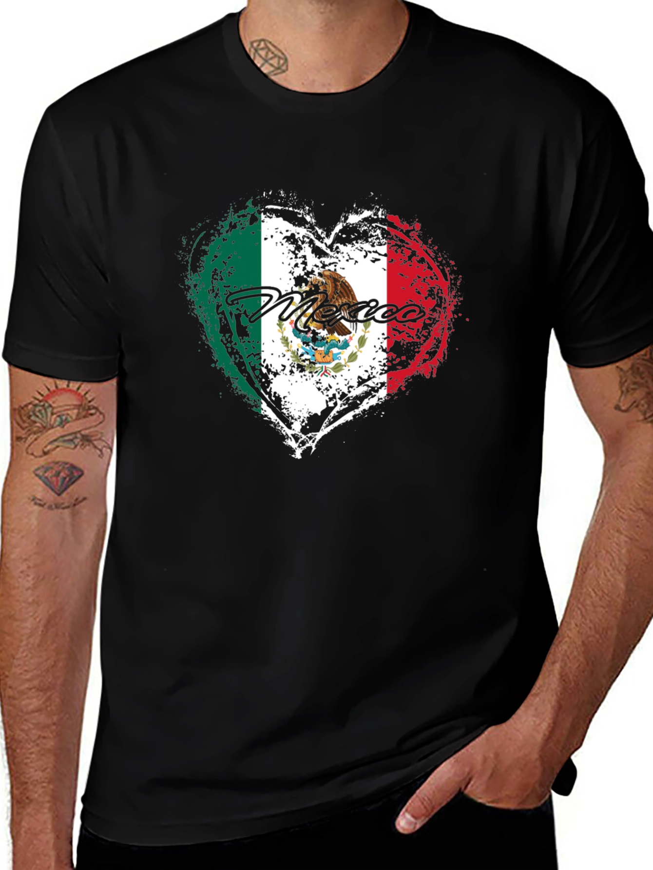 Mexico Flag Heart Black T-Shirt