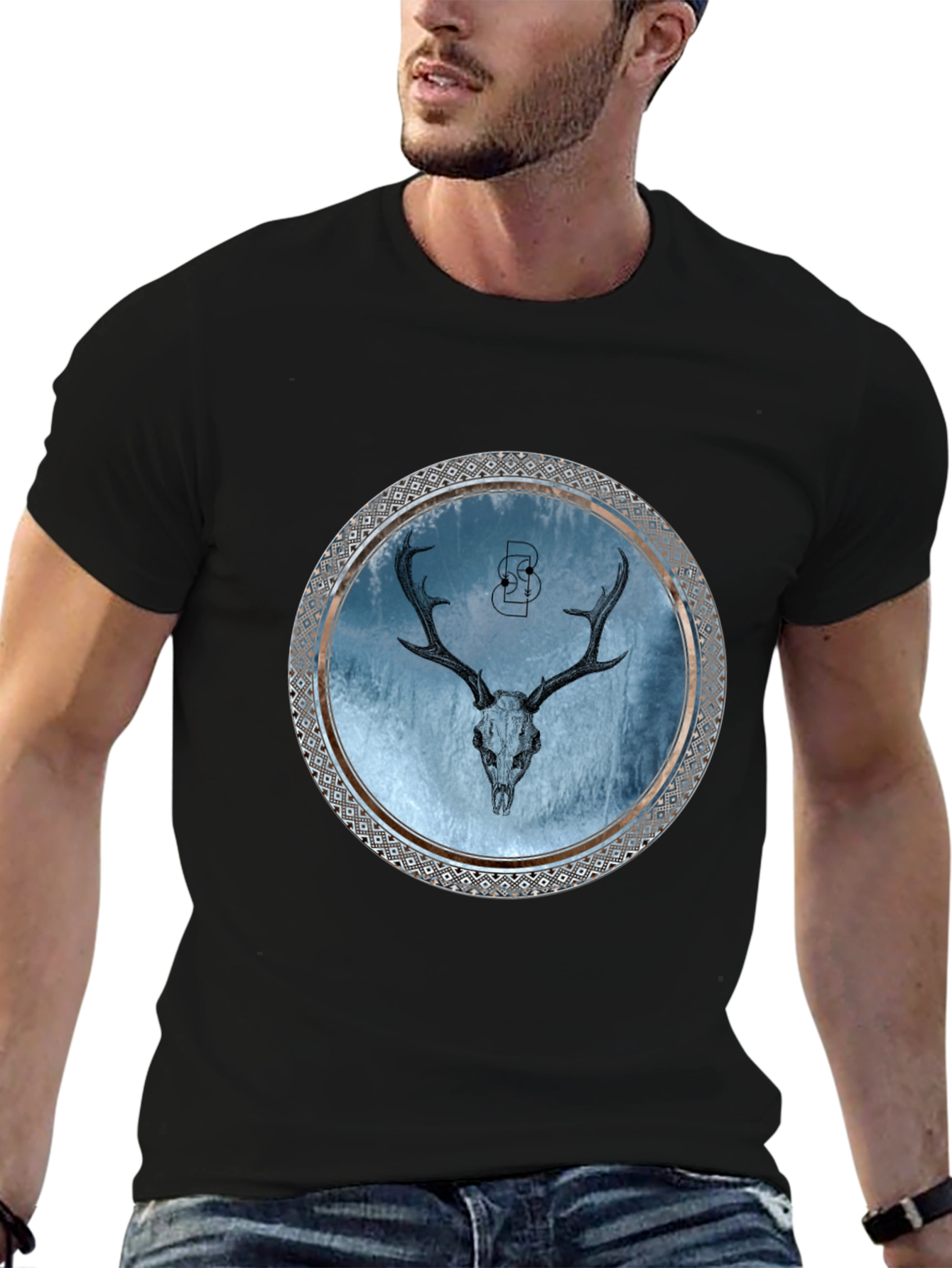 Skull Deer Graphic Print Mens Black T-Shirt