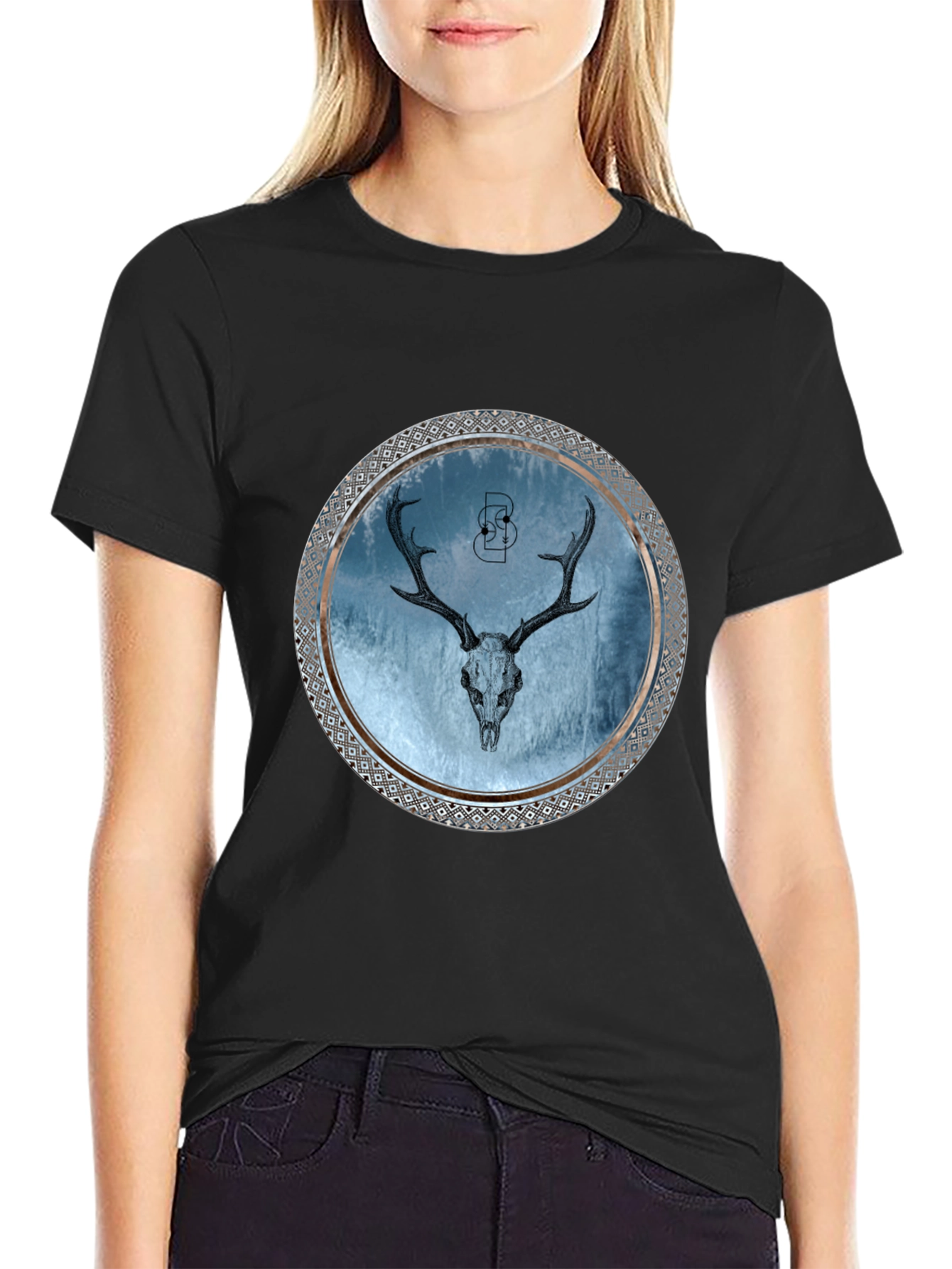 Skull Deer Graphic Print Mens Black T-Shirt