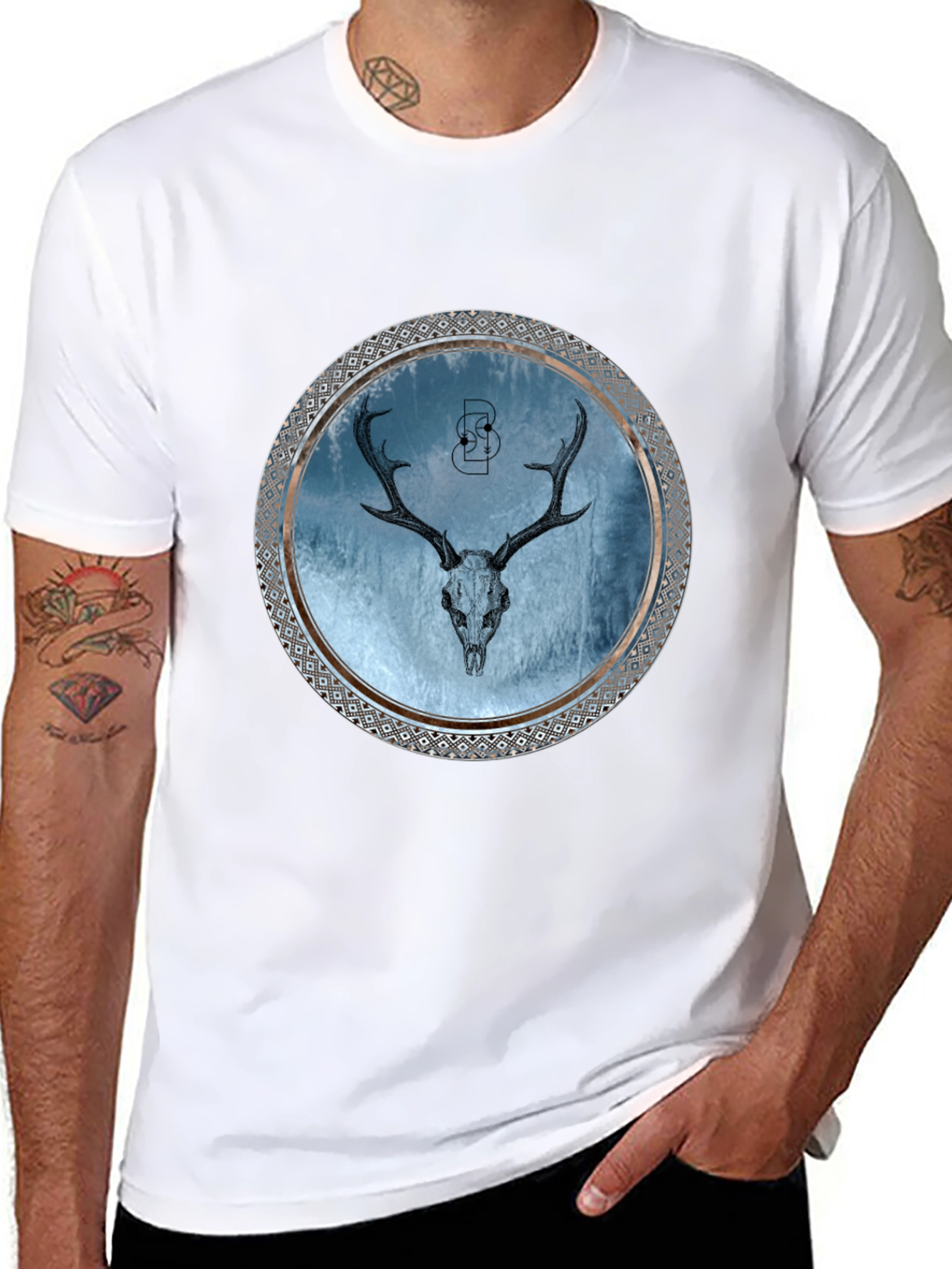 Skull Deer Graphic Print Mens Black T-Shirt