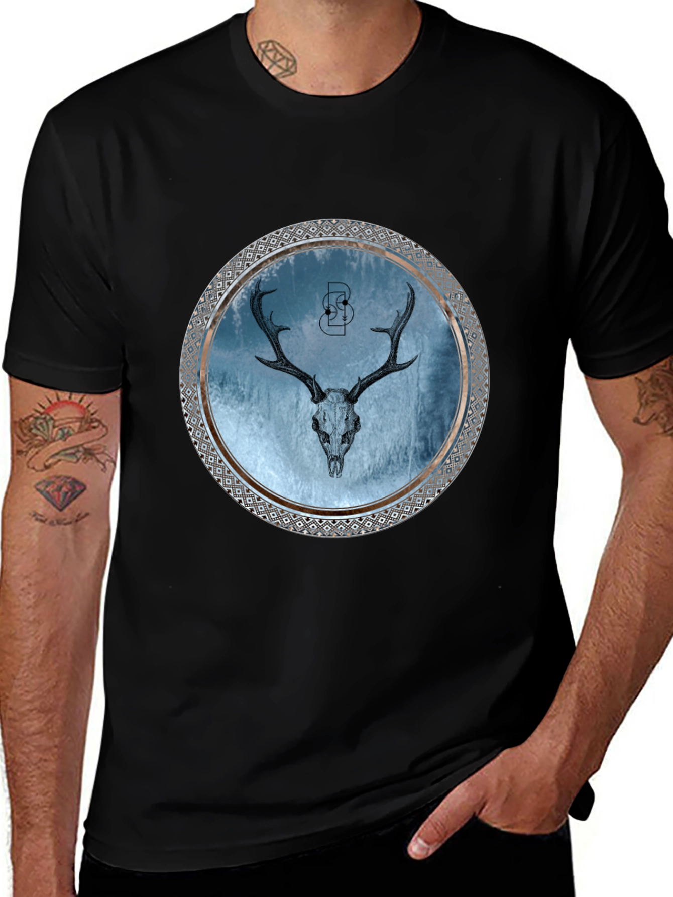 Skull Deer Graphic Print Mens Black T-Shirt
