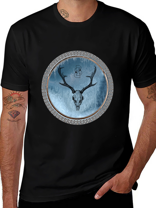Skull Deer Graphic Print Mens Black T-Shirt