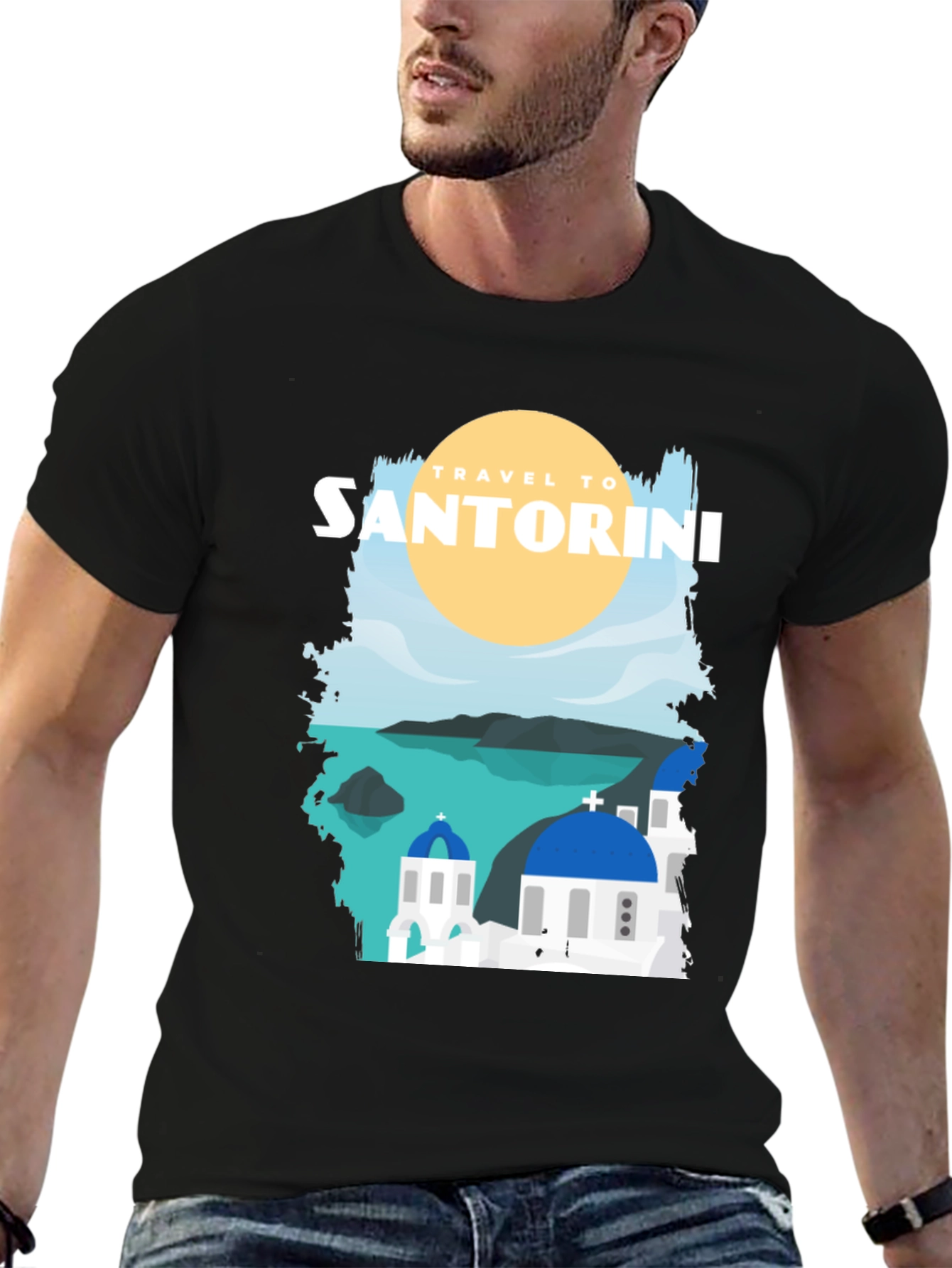 Santorini Travel Graphic Tee - Black Cotton T-Shirt