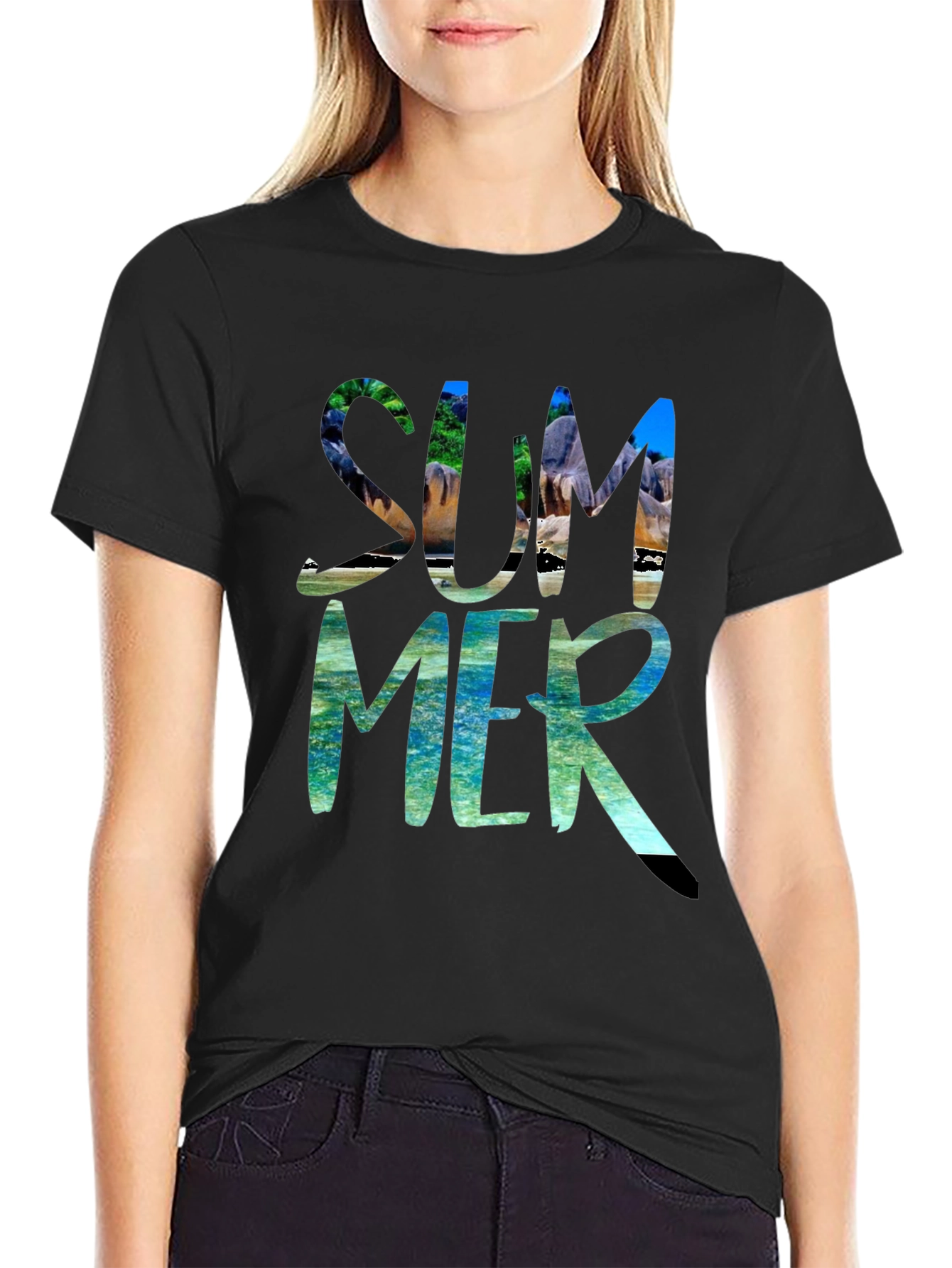 Summer Beach Graphic Black T-Shirt