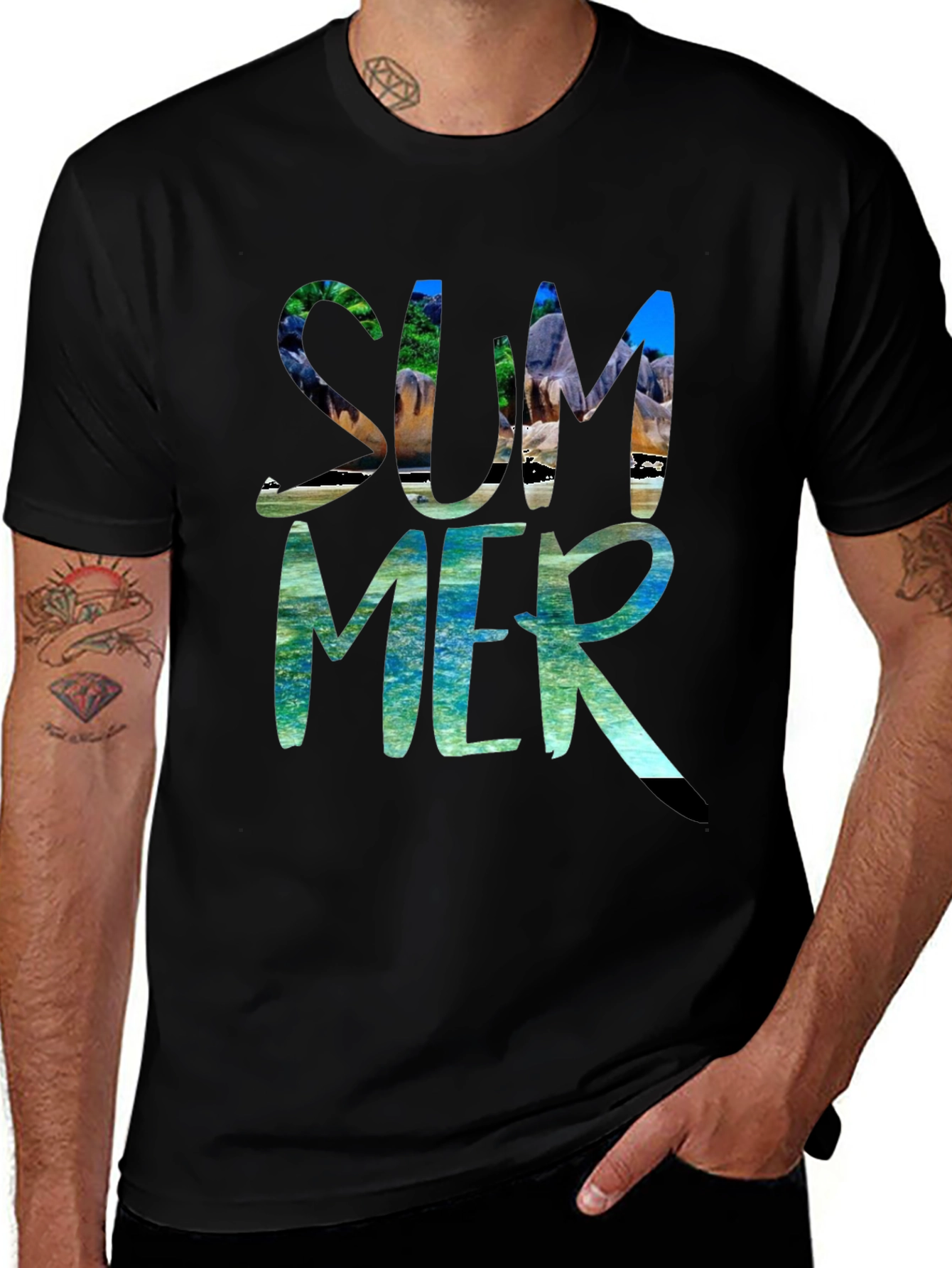 Summer Beach Graphic Black T-Shirt