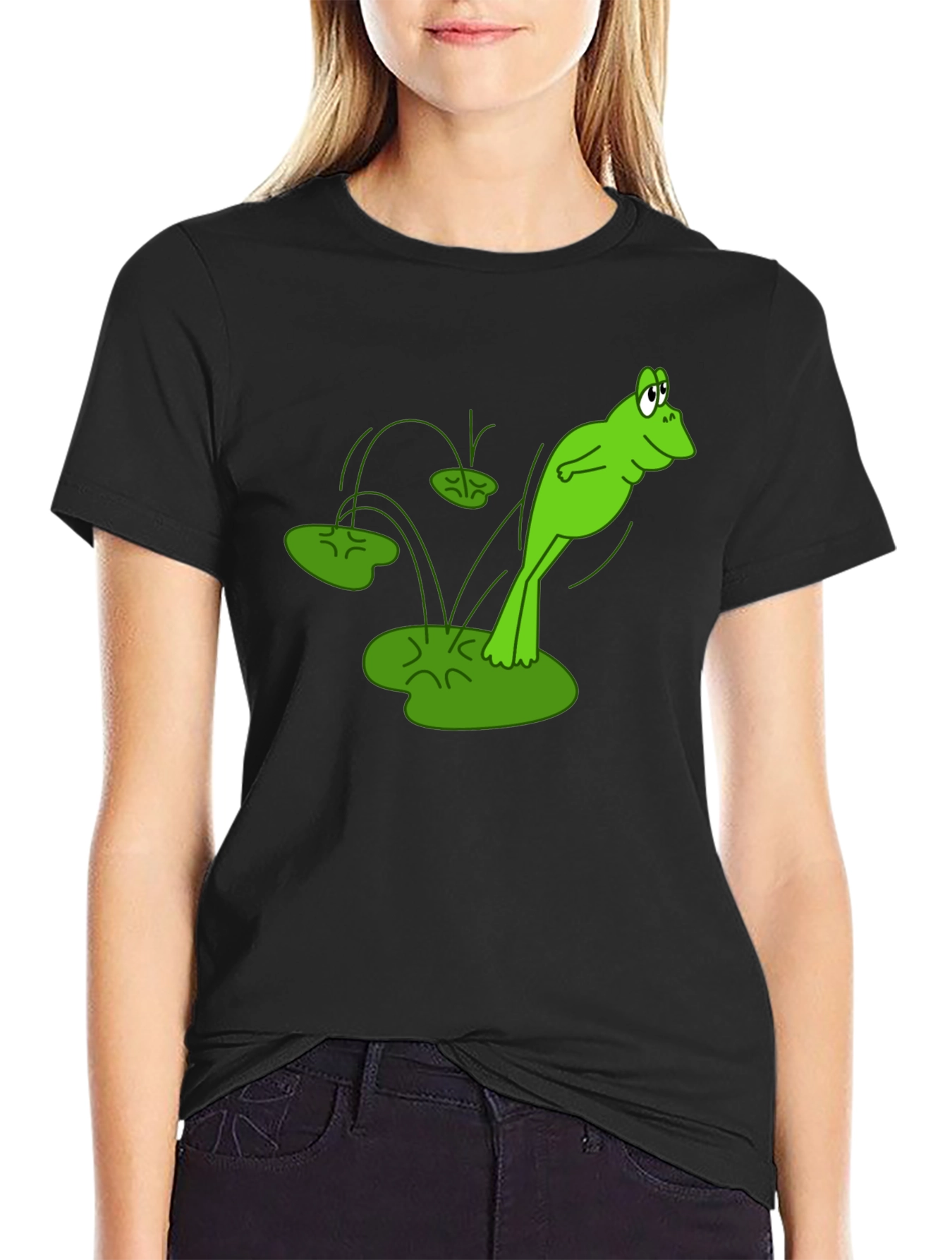 Frog Jumping Lily Pads Graphic Tee - Black