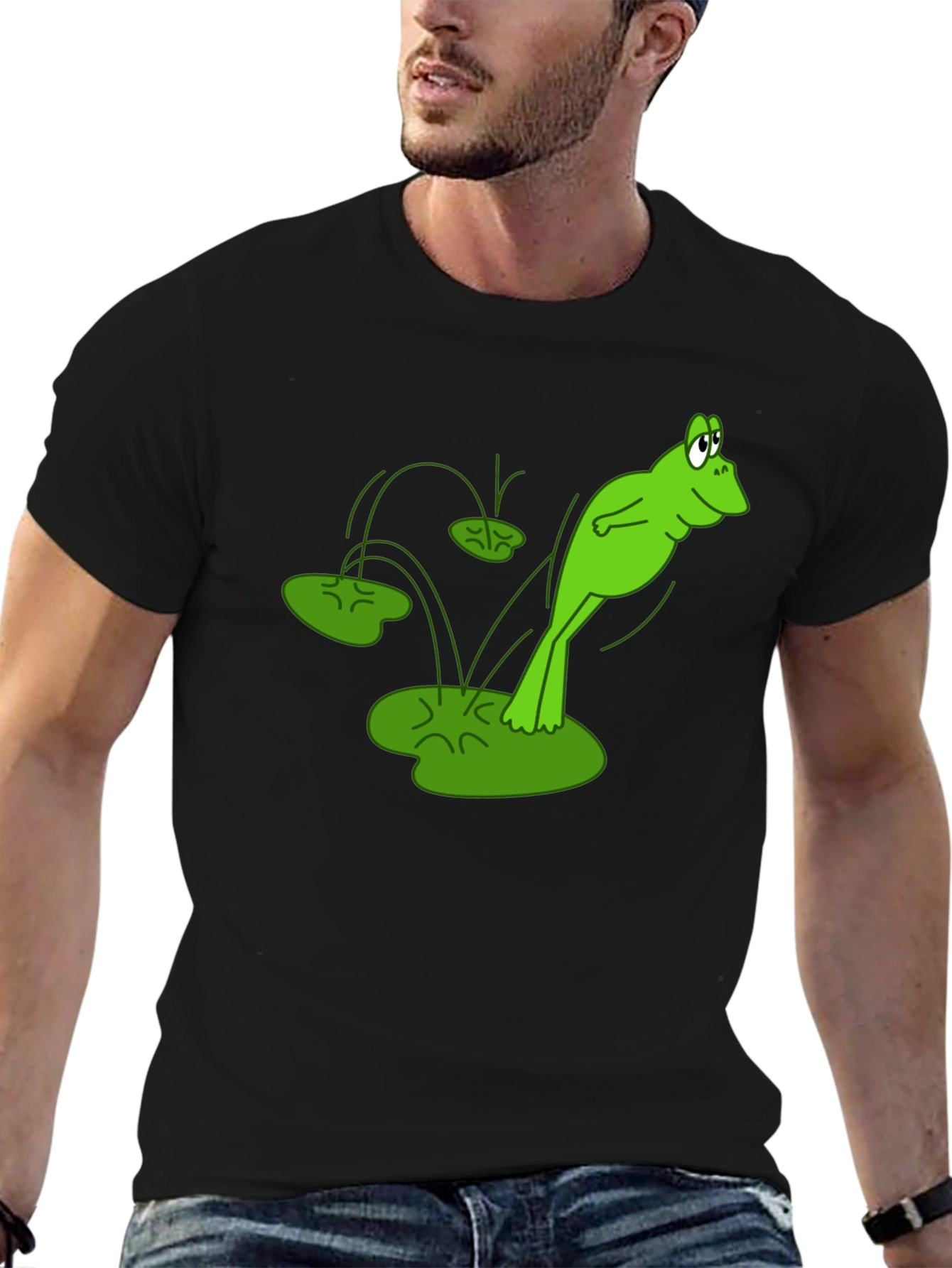 Frog Jumping Lily Pads Graphic Tee - Black