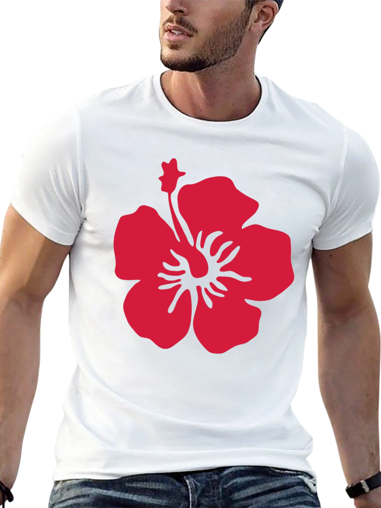 Bold Red Hibiscus Print Black T-Shirt