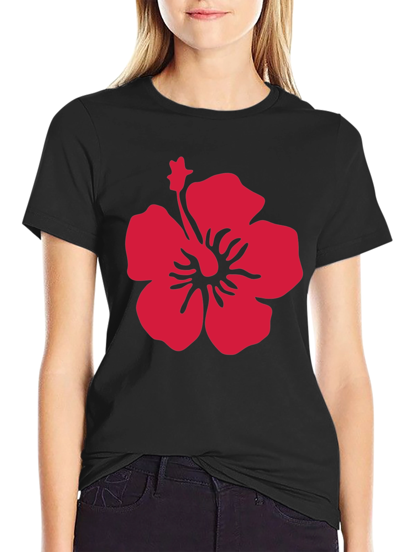 Bold Red Hibiscus Print Black T-Shirt