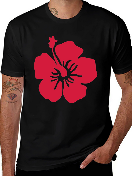 Bold Red Hibiscus Print Black T-Shirt