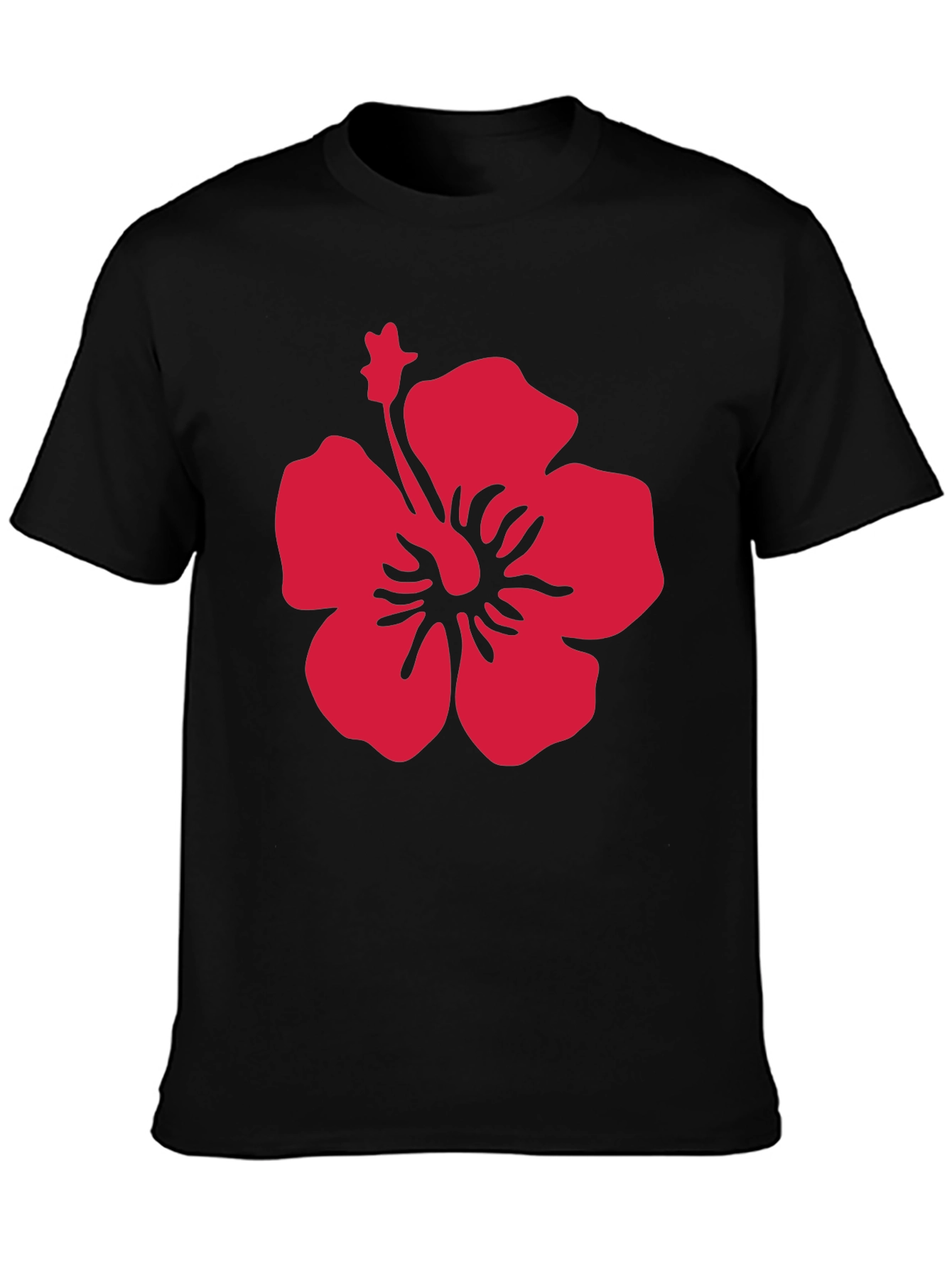 Bold Red Hibiscus Print Black T-Shirt
