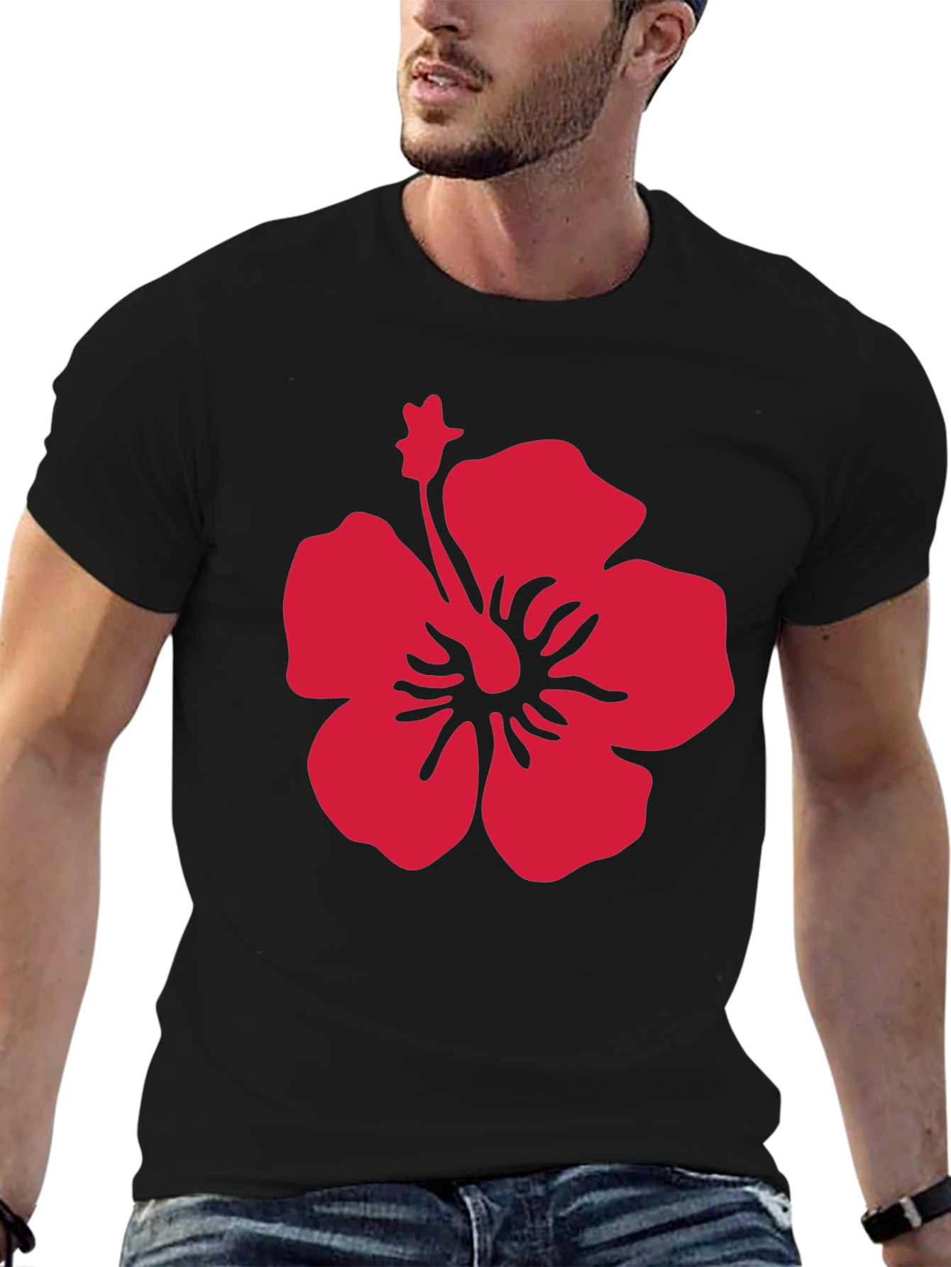 Bold Red Hibiscus Print Black T-Shirt