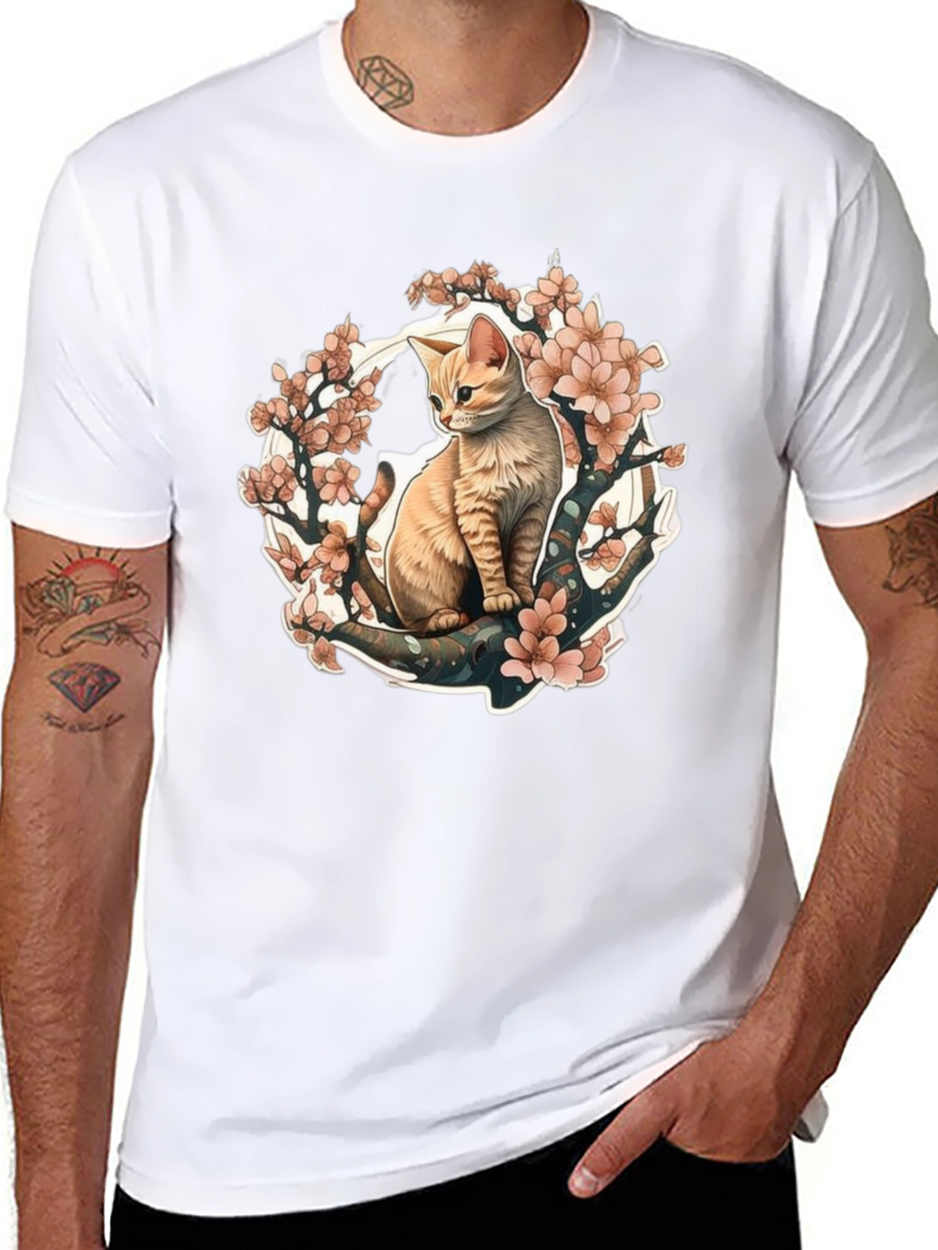 Cat & Cherry Blossom Graphic Tee - Black