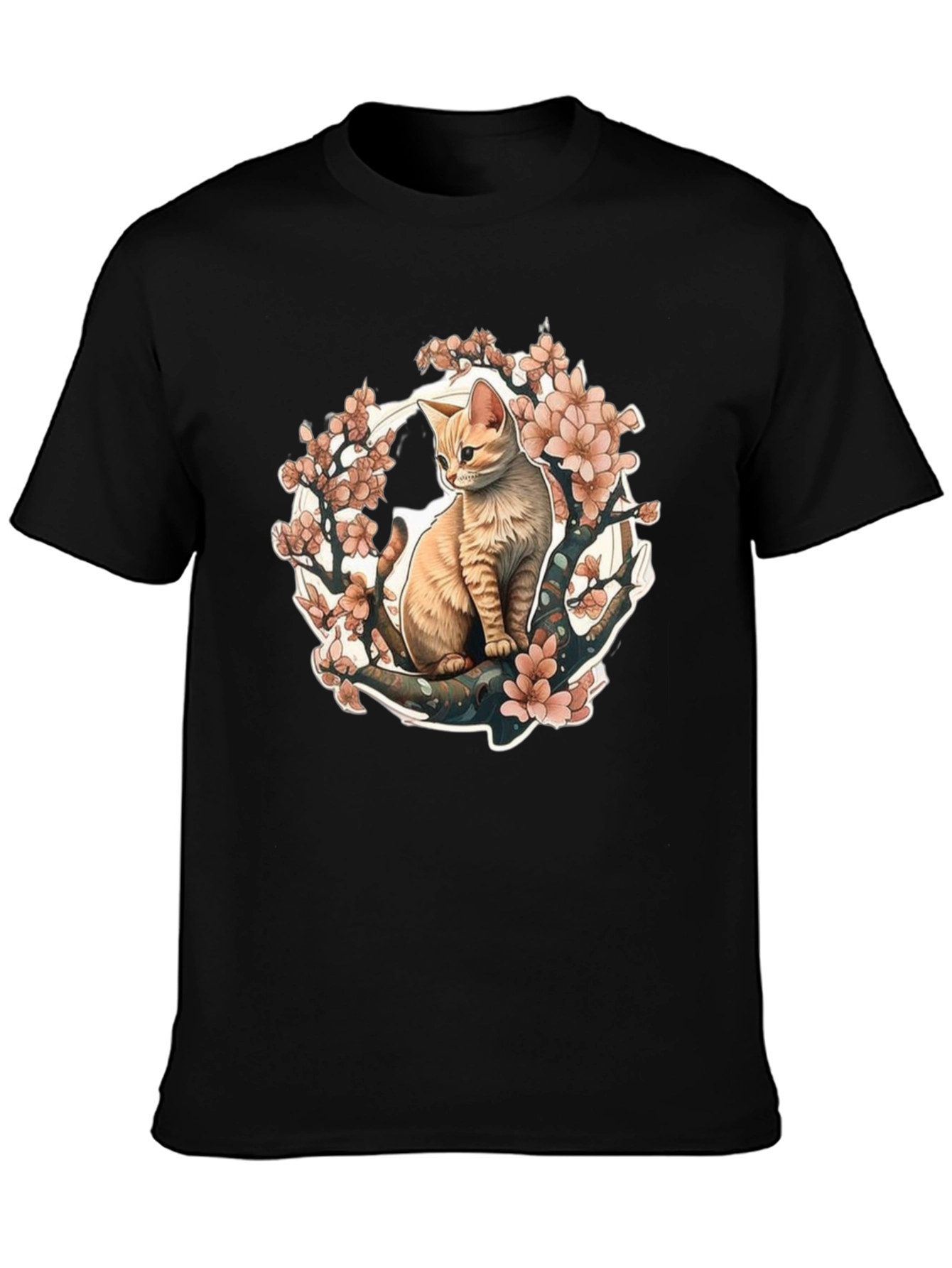 Cat & Cherry Blossom Graphic Tee - Black