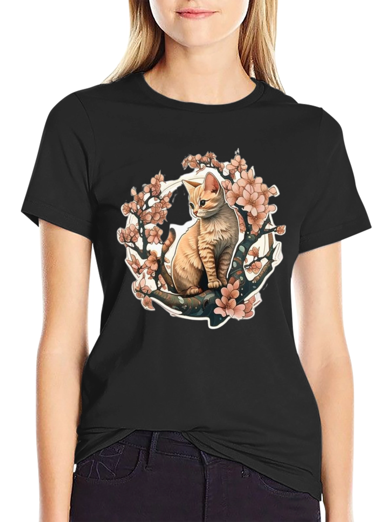 Cat & Cherry Blossom Graphic Tee - Black