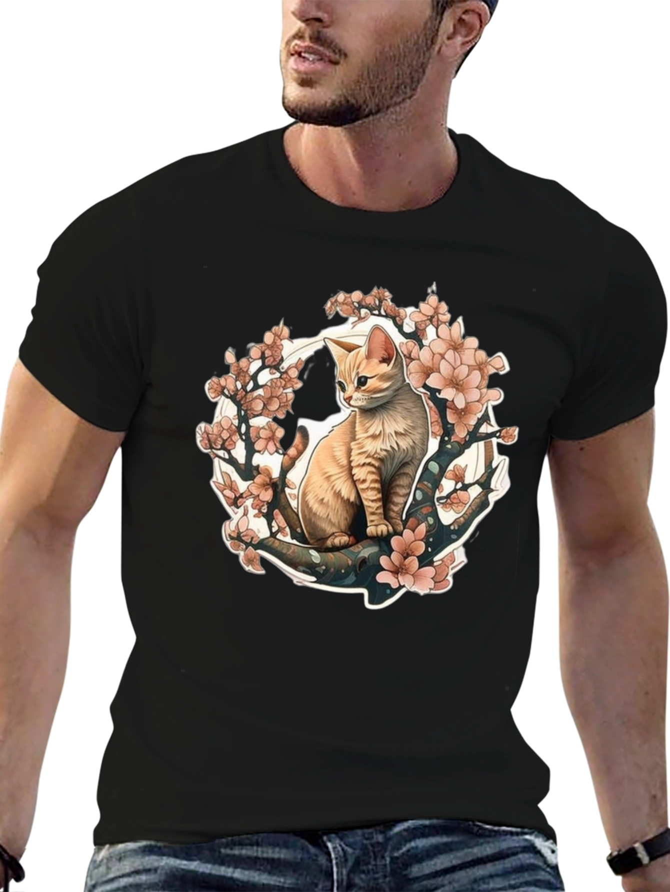 Cat & Cherry Blossom Graphic Tee - Black