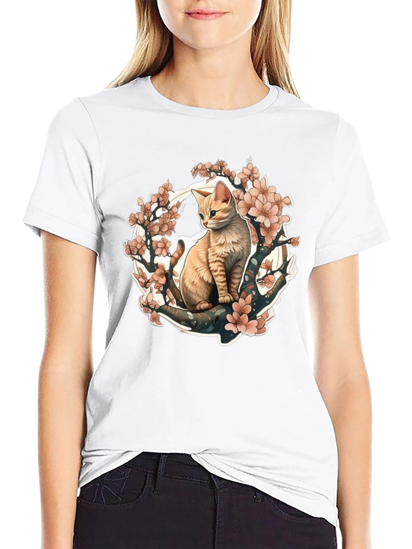 Cat & Cherry Blossom Graphic Tee - Black