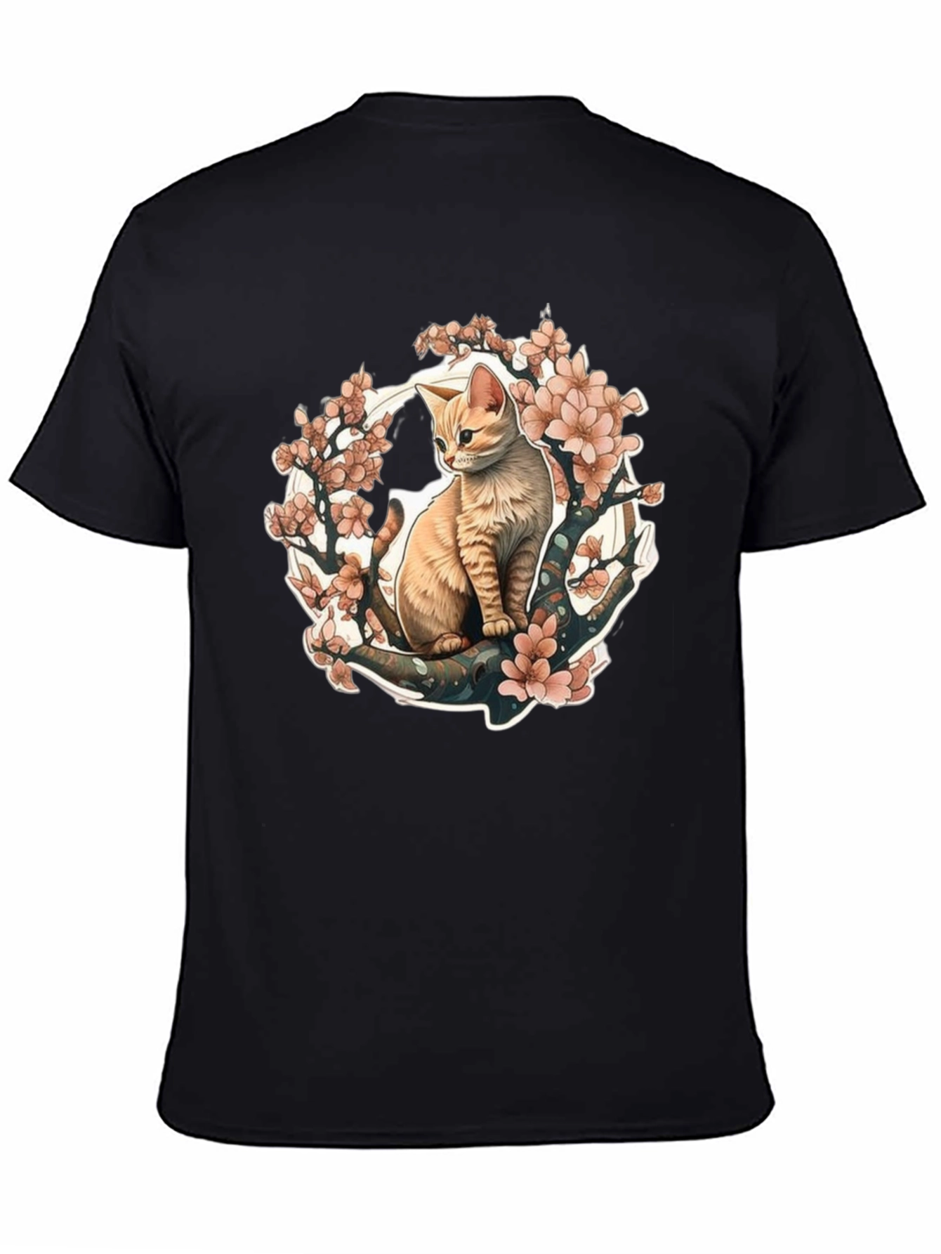 Cat & Cherry Blossom Graphic Tee - Black