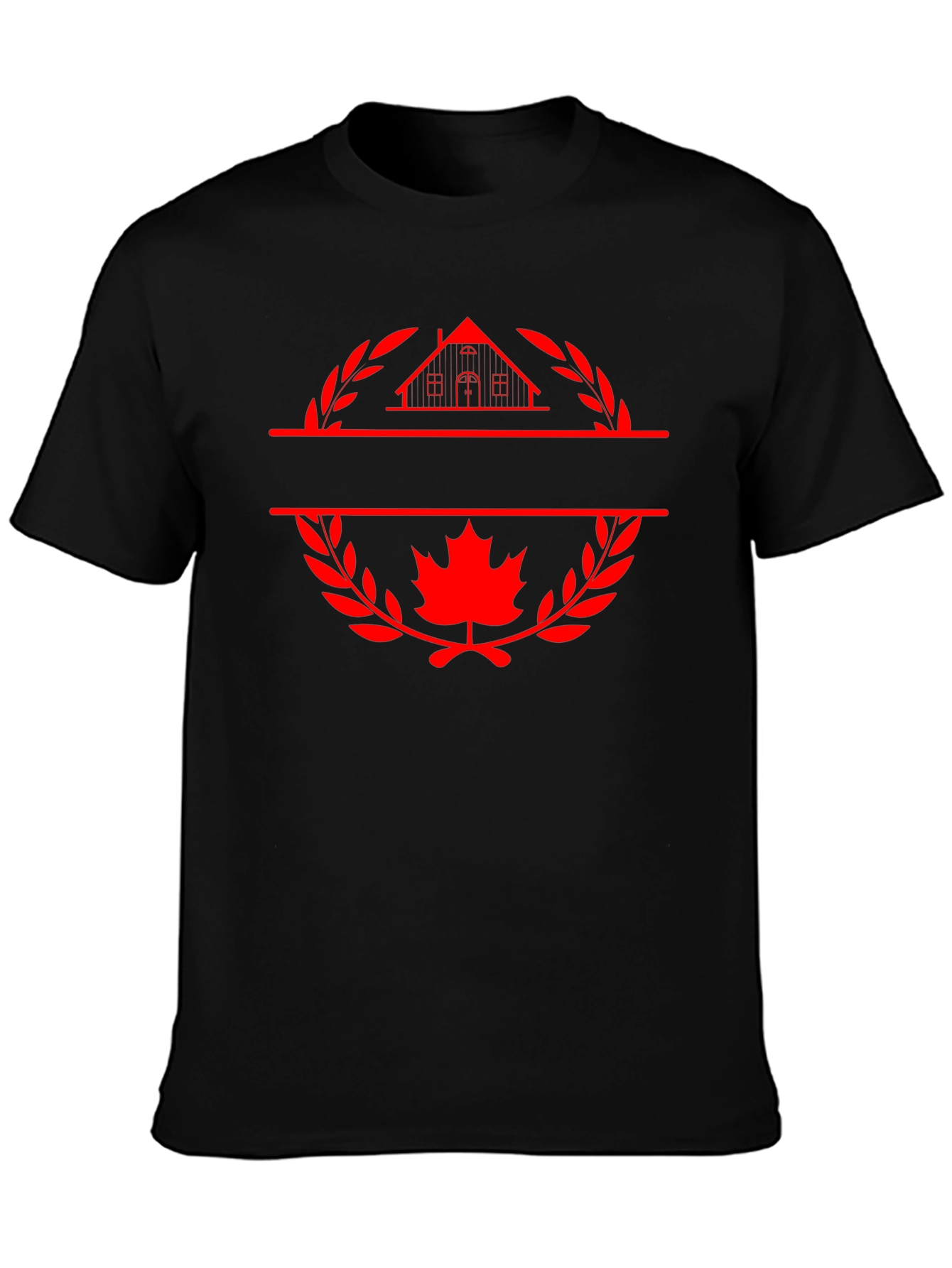 Black T-Shirt with House and Maple Leaf Graphic