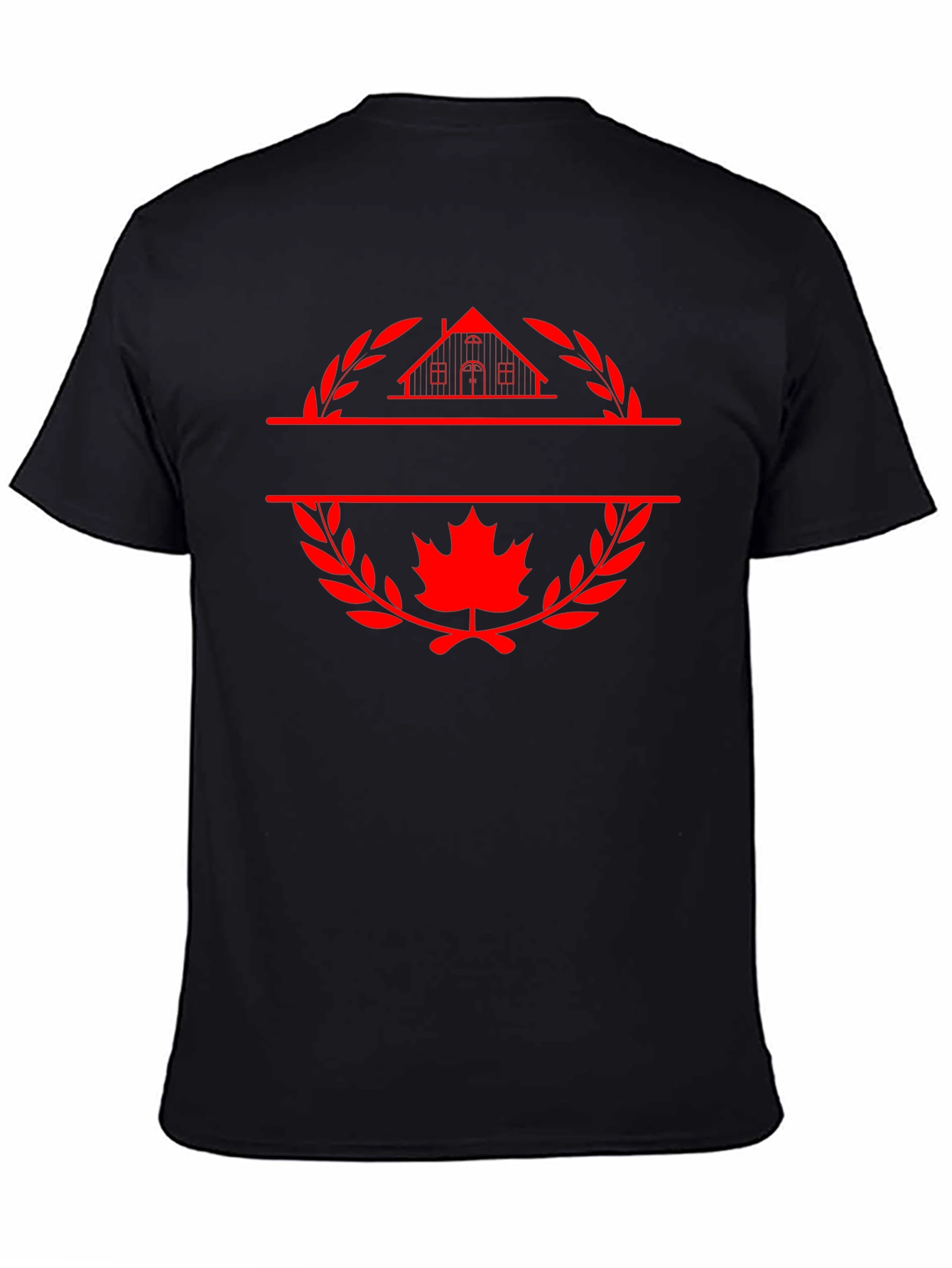 Black T-Shirt with House and Maple Leaf Graphic
