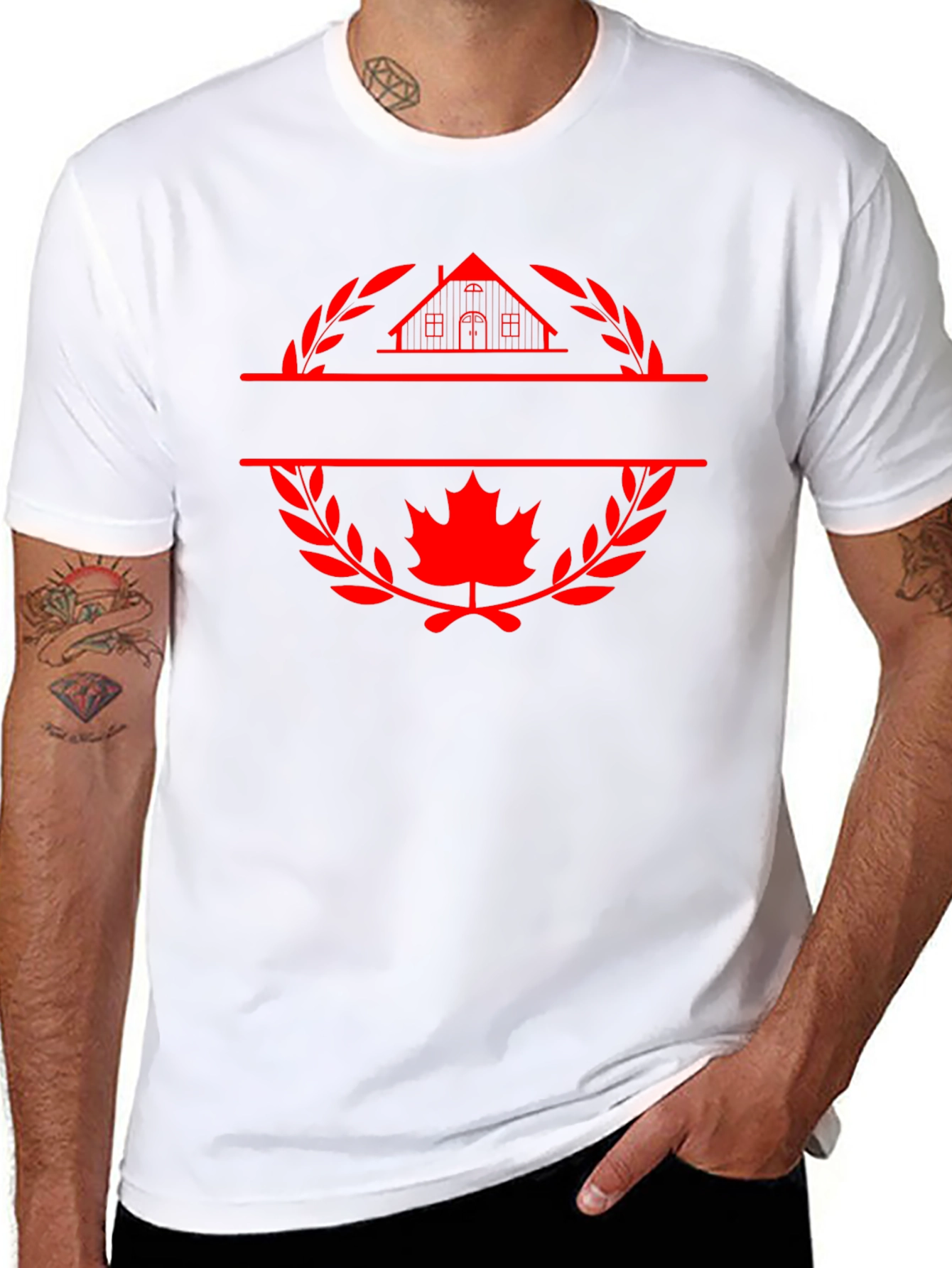 Black T-Shirt with House and Maple Leaf Graphic