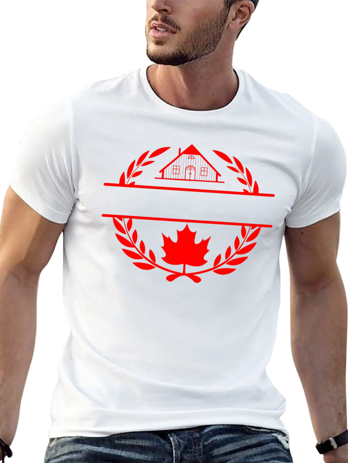 Black T-Shirt with House and Maple Leaf Graphic