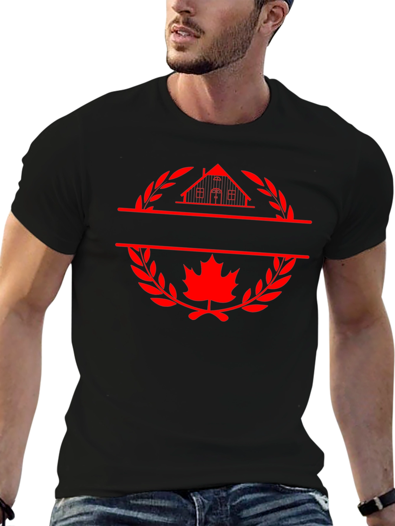 Black T-Shirt with House and Maple Leaf Graphic