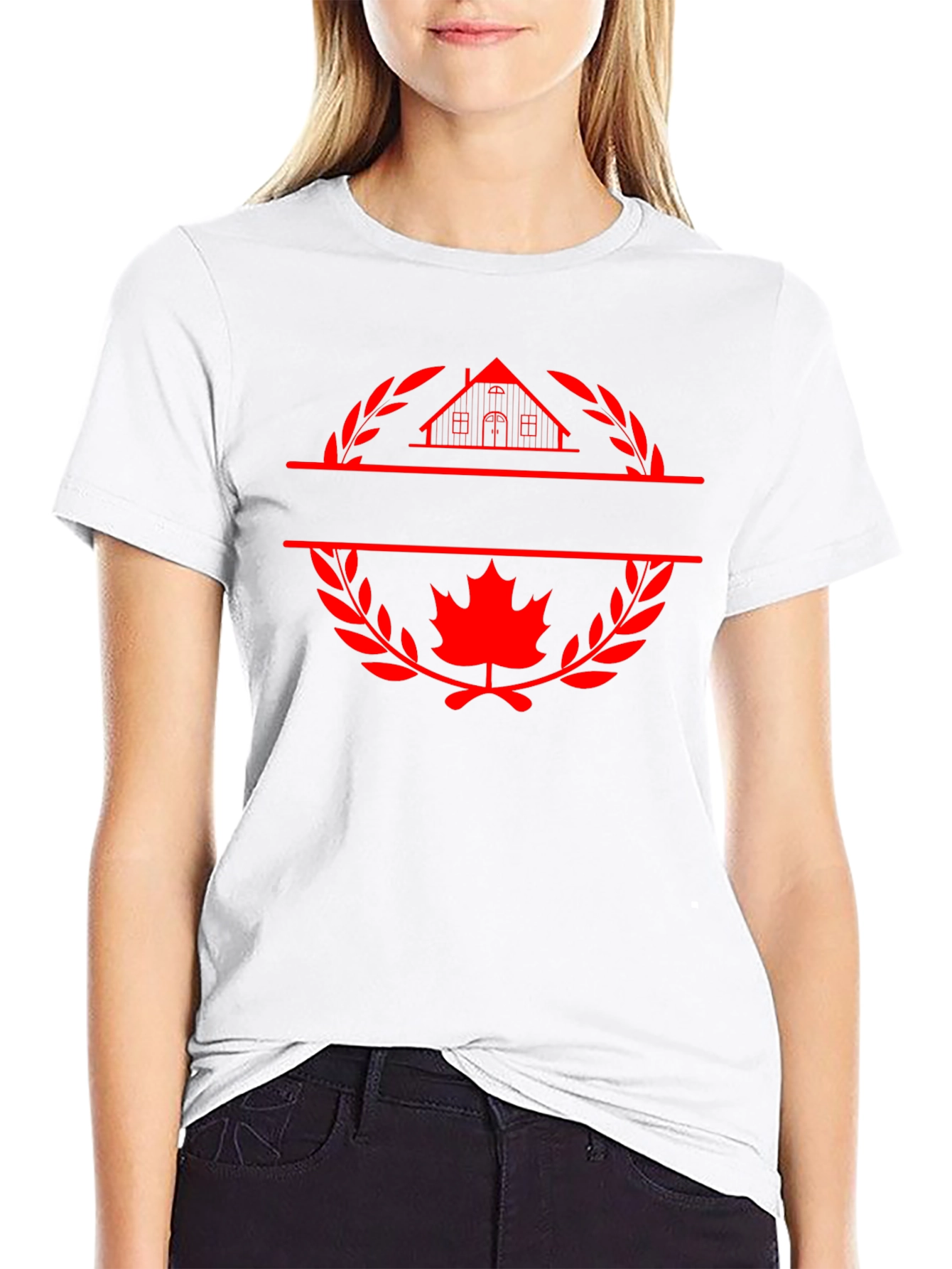 Black T-Shirt with House and Maple Leaf Graphic