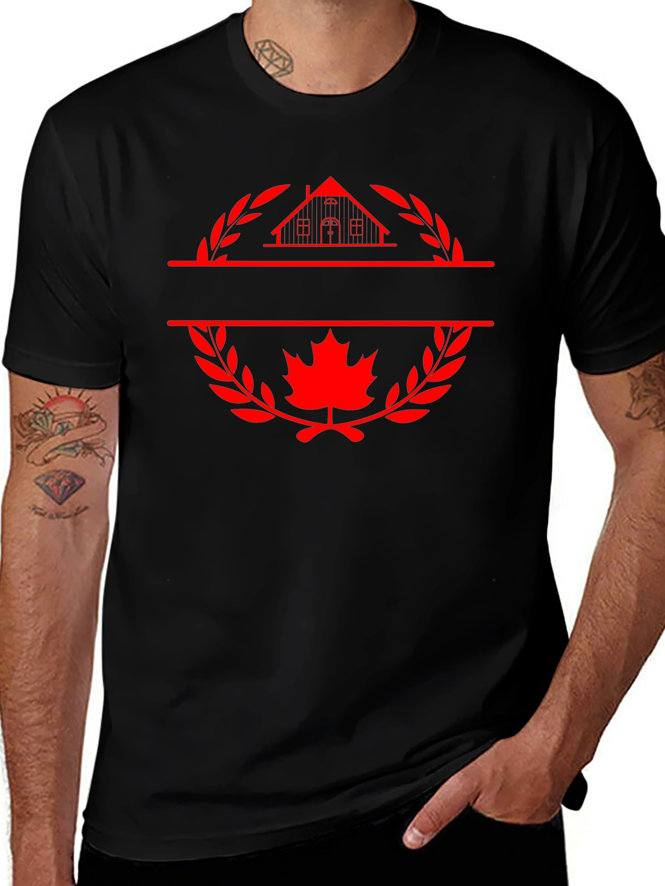 Black T-Shirt with House and Maple Leaf Graphic
