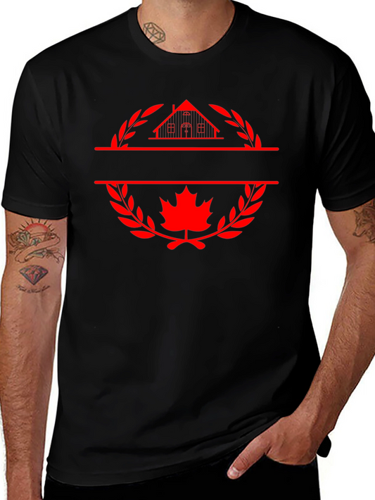 Black T-Shirt with House and Maple Leaf Graphic