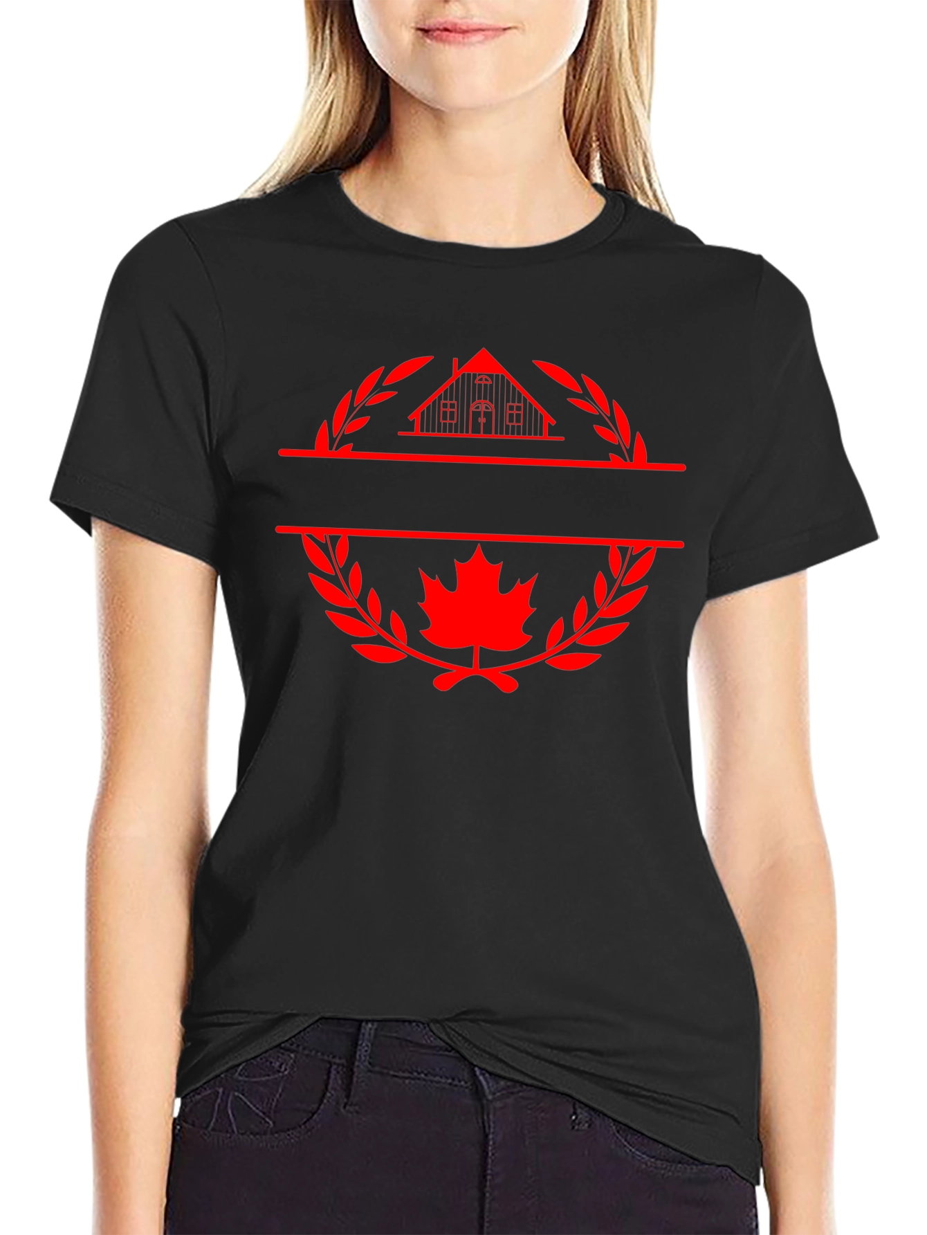 Black T-Shirt with House and Maple Leaf Graphic