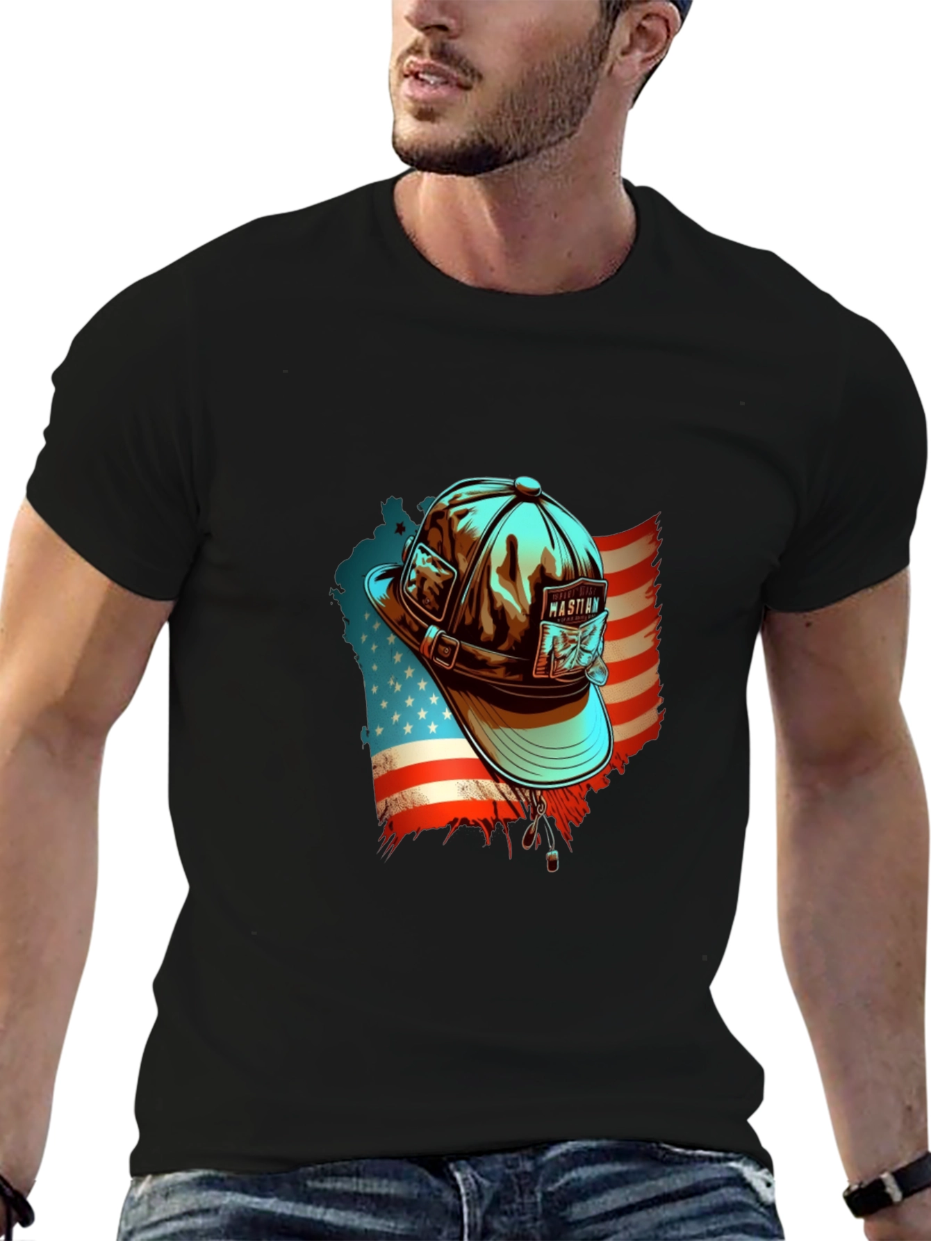 Patriotic Fisherman Hat Graphic Tee - American Pride Shirt