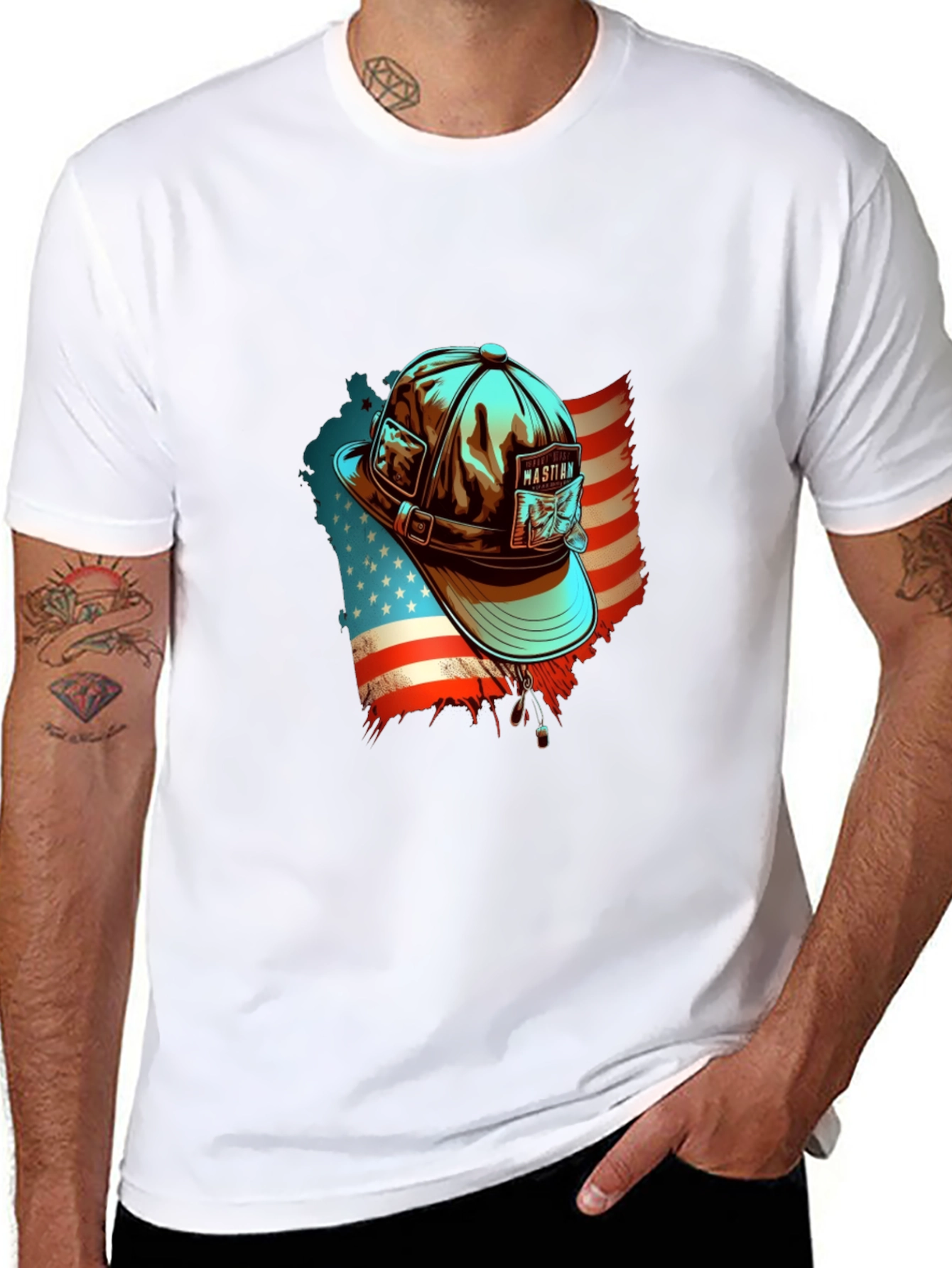 Patriotic Fisherman Hat Graphic Tee - American Pride Shirt