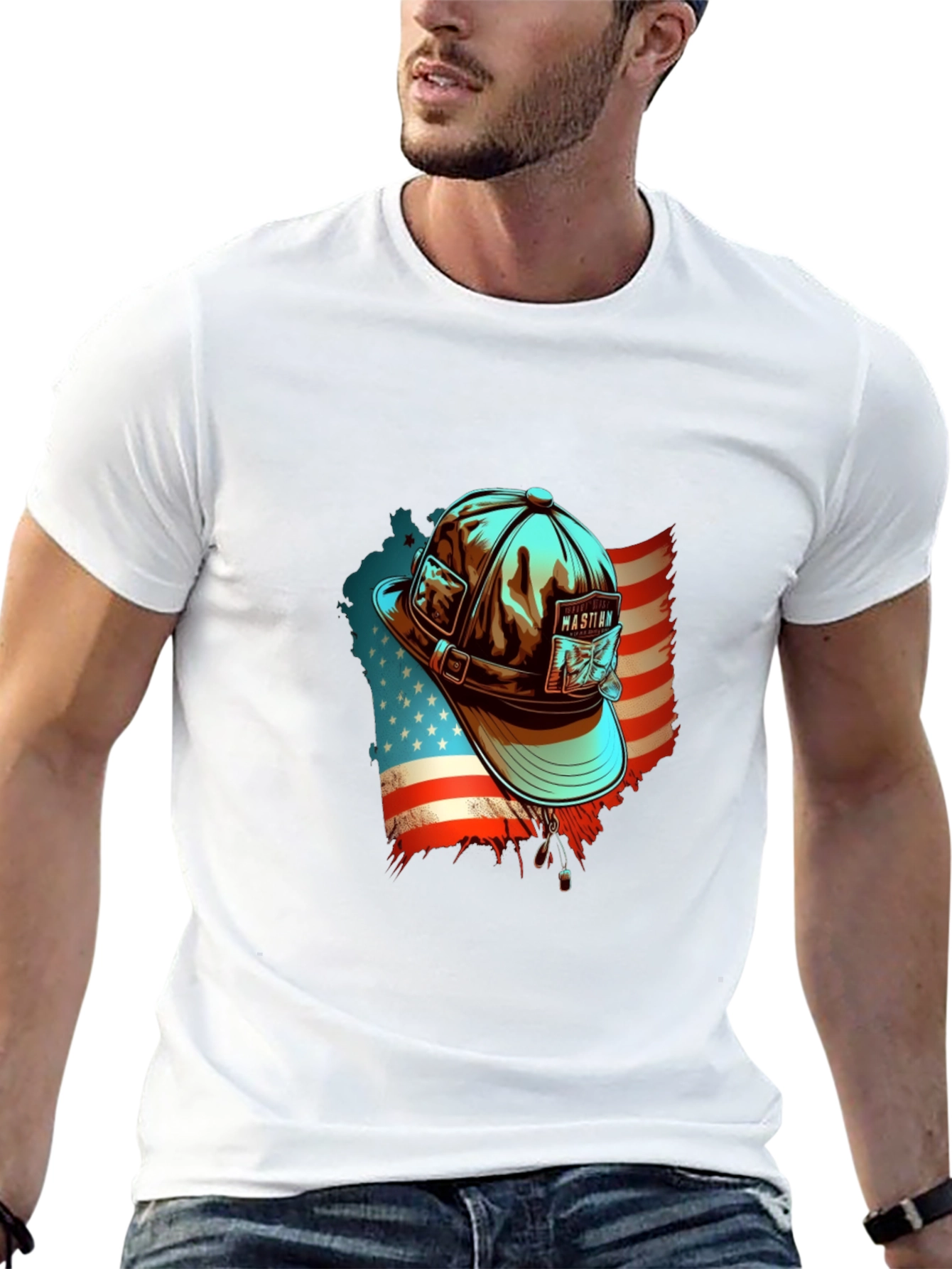 Patriotic Fisherman Hat Graphic Tee - American Pride Shirt