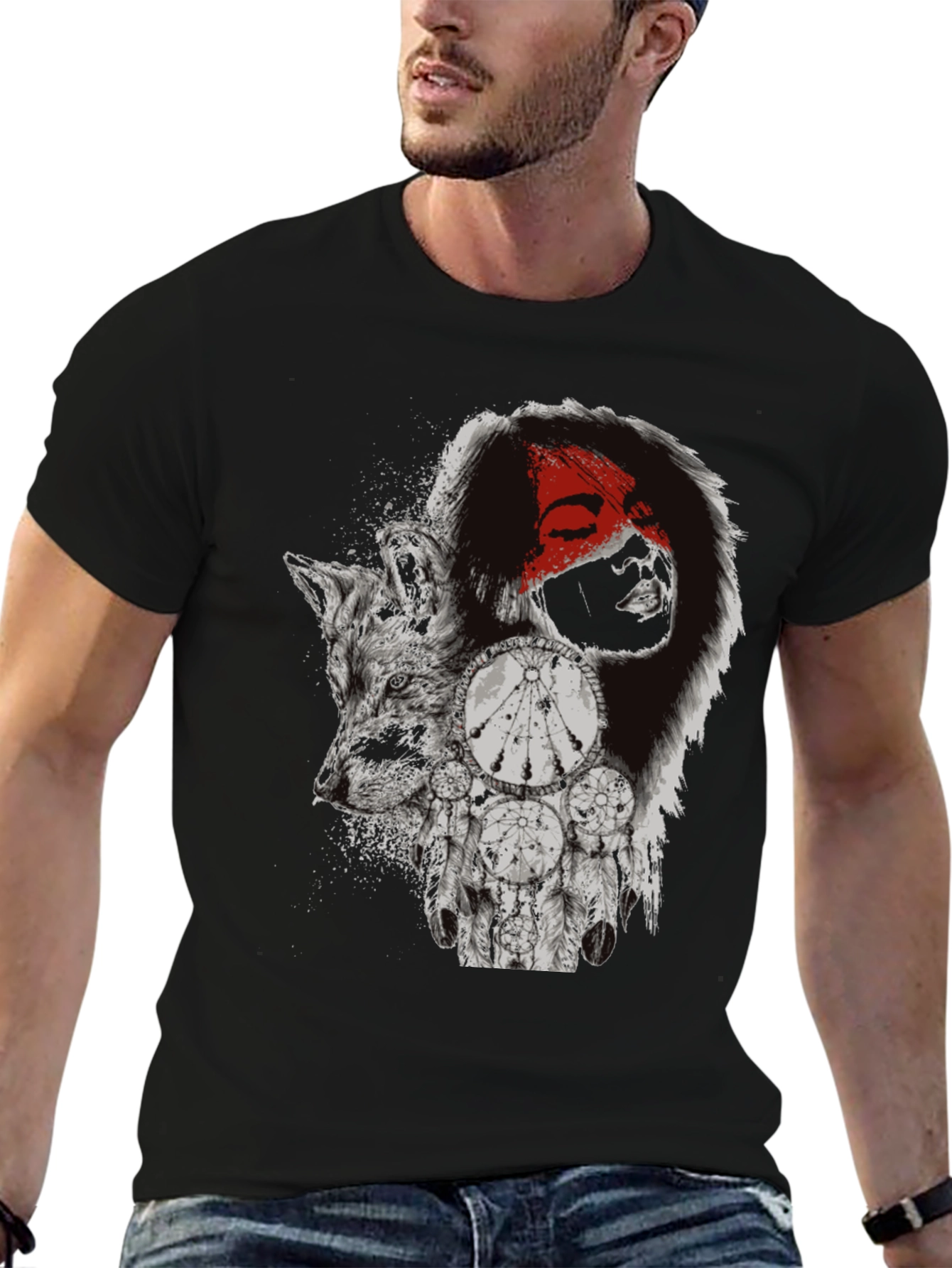 Wolf Dreamcatcher Graphic T-Shirt - Mens Black Tee