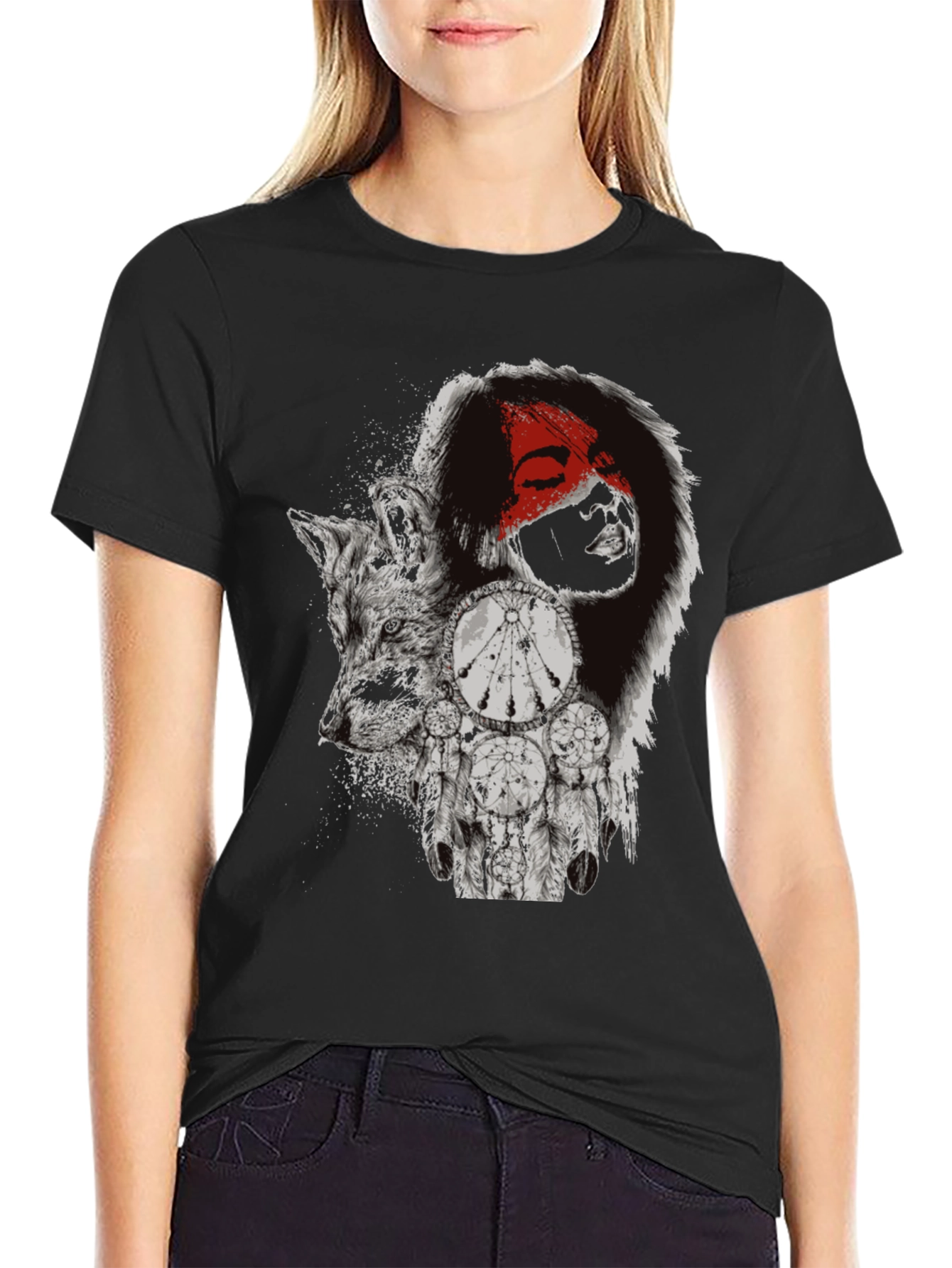 Wolf Dreamcatcher Graphic T-Shirt - Mens Black Tee