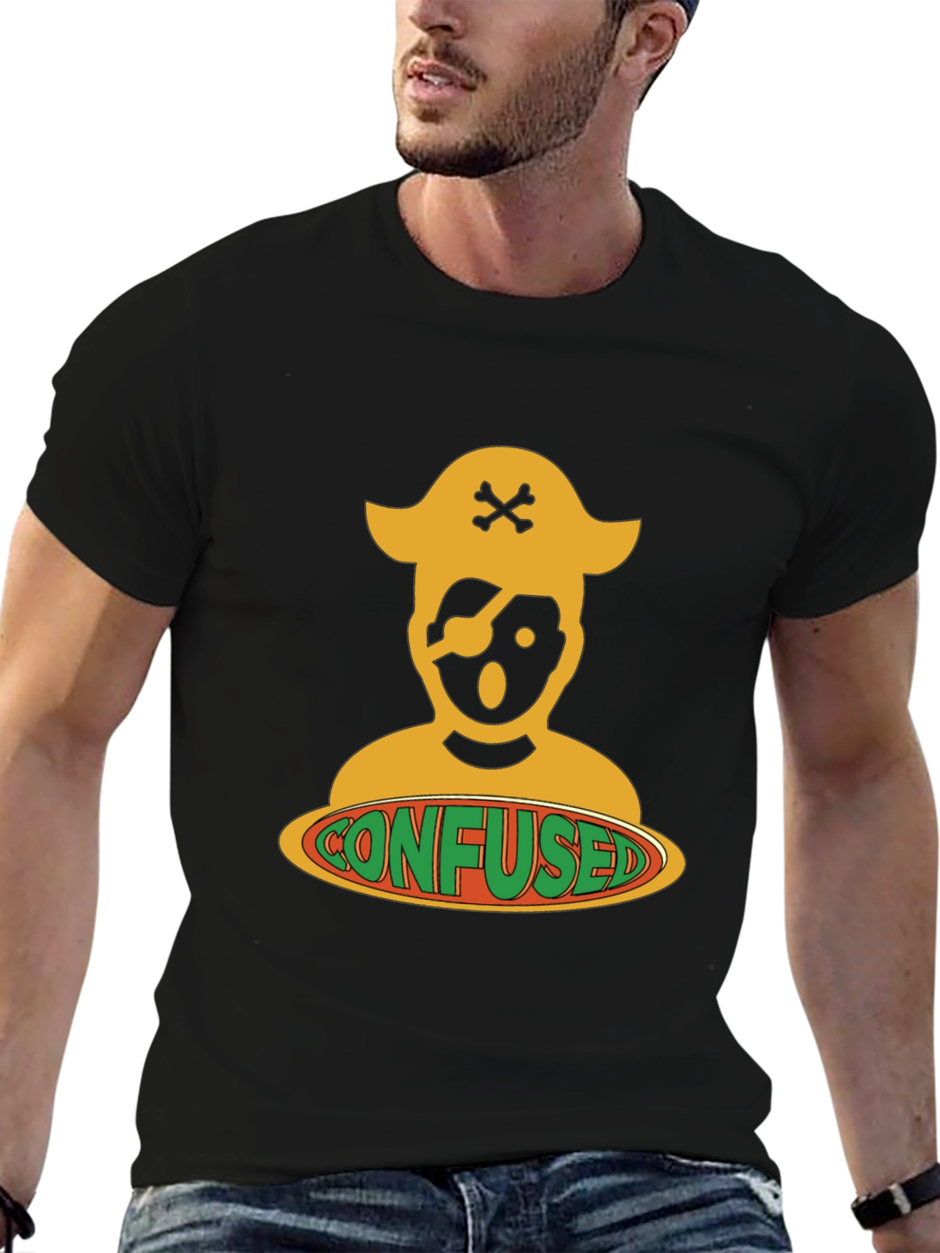 Confused Pirate Graphic Tee - Black Cotton Blend