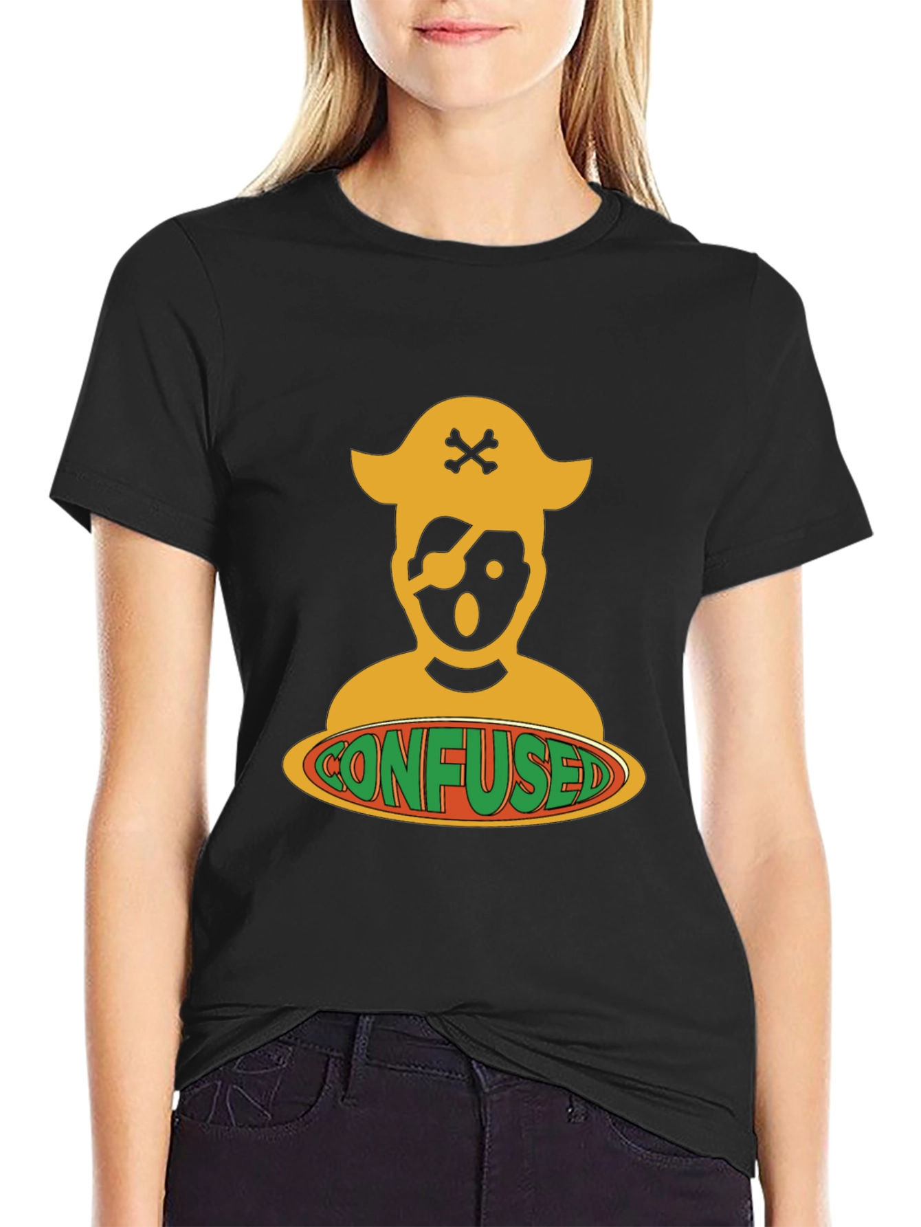 Confused Pirate Graphic Tee - Black Cotton Blend